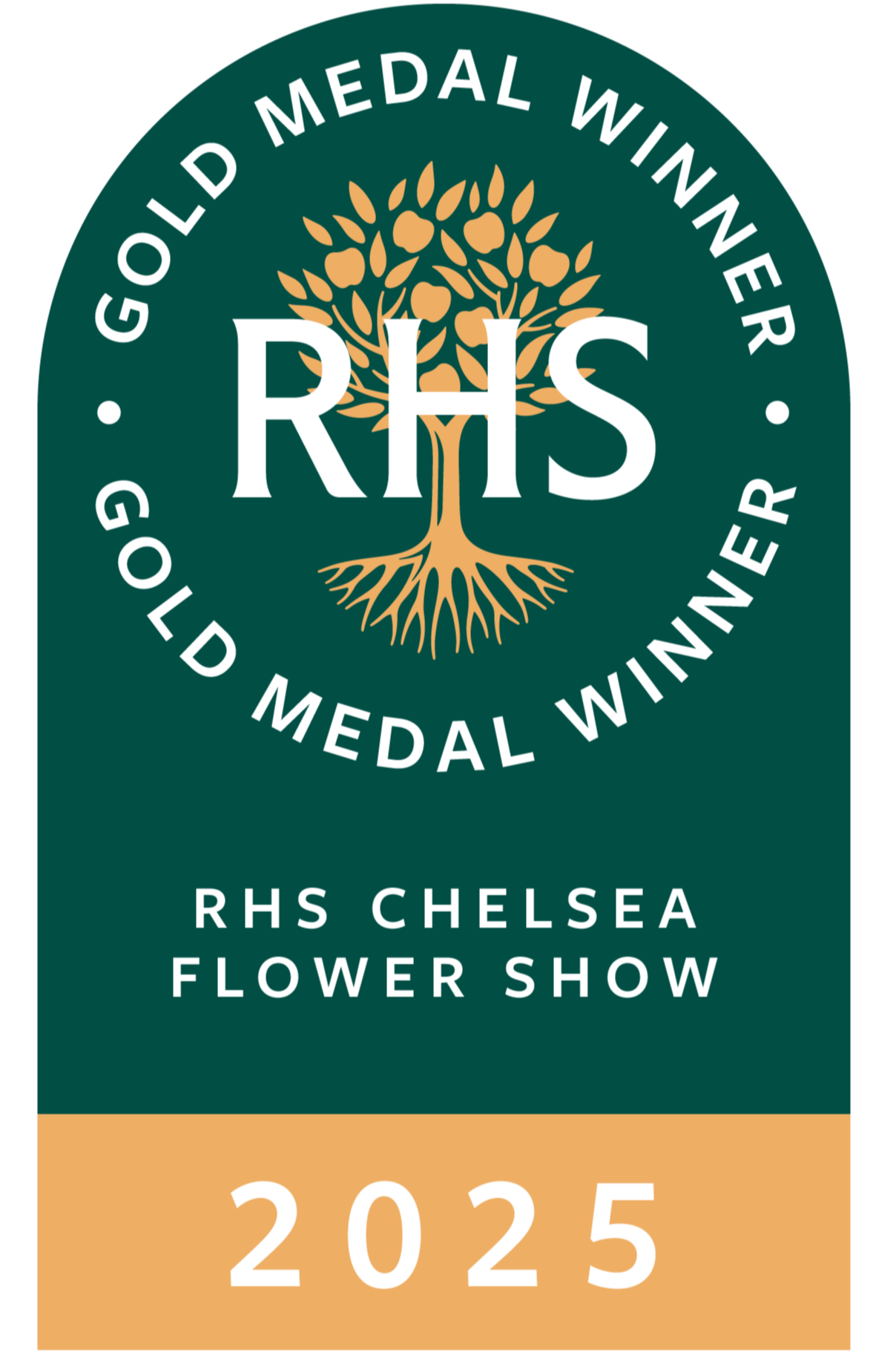 Badge for RHS Chelsea Flower Show 2025, featuring a tree illustration surrounded by text indicating it is an award for a gold medal winner at the show.