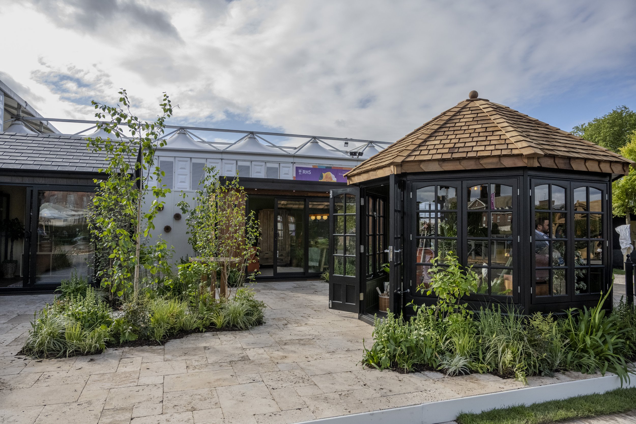 Malvern Garden Buildings Trade Stand at RHS Chelsea Flower Show 2026 - Planting designed and installed by James Whiting and Plants By There - 5 Star Medal