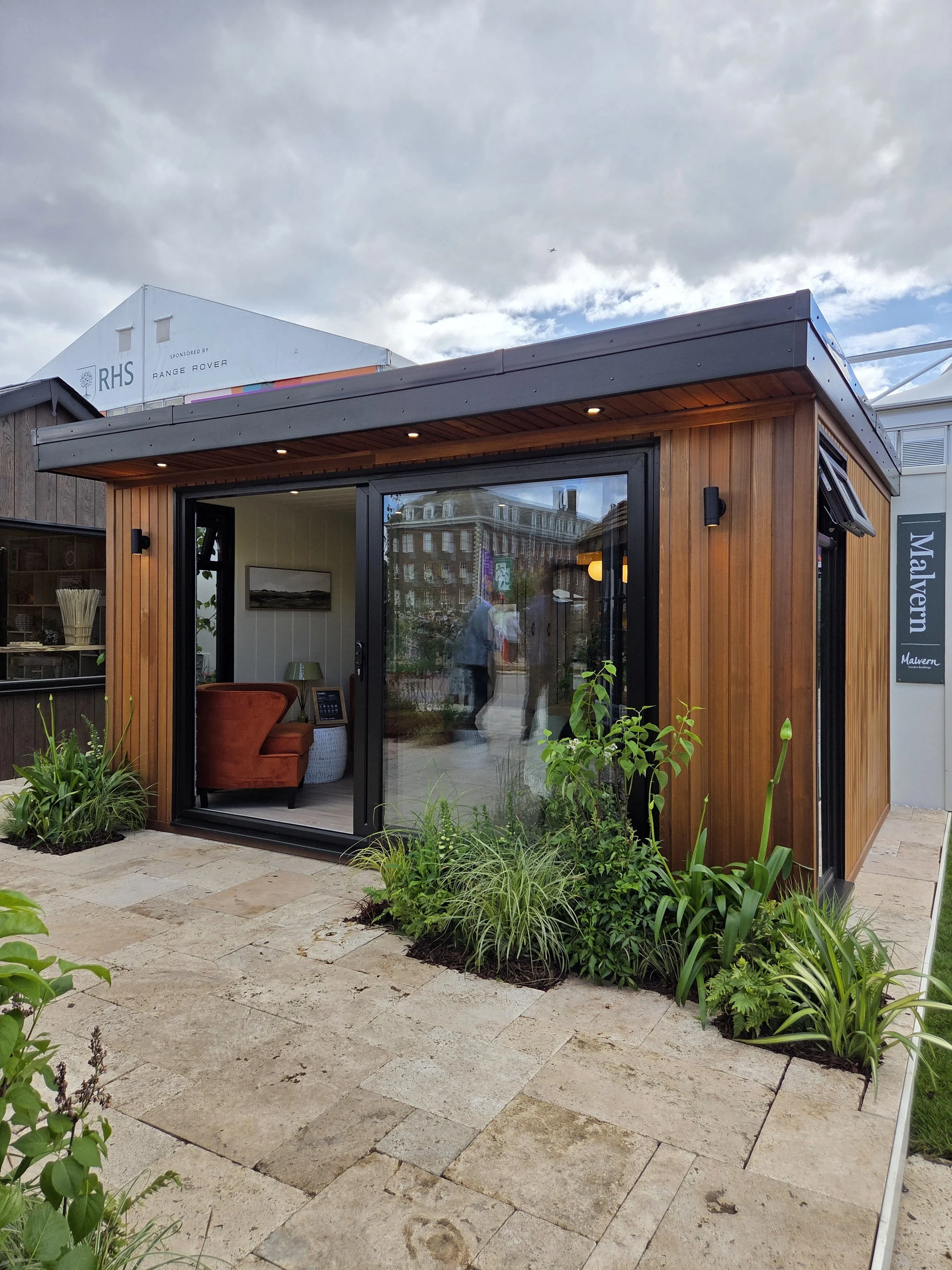 Malvern Garden Buildings Trade Stand at RHS Chelsea Flower Show 2026 - Planting designed and installed by James Whiting and Plants By There - 5 Star Medal