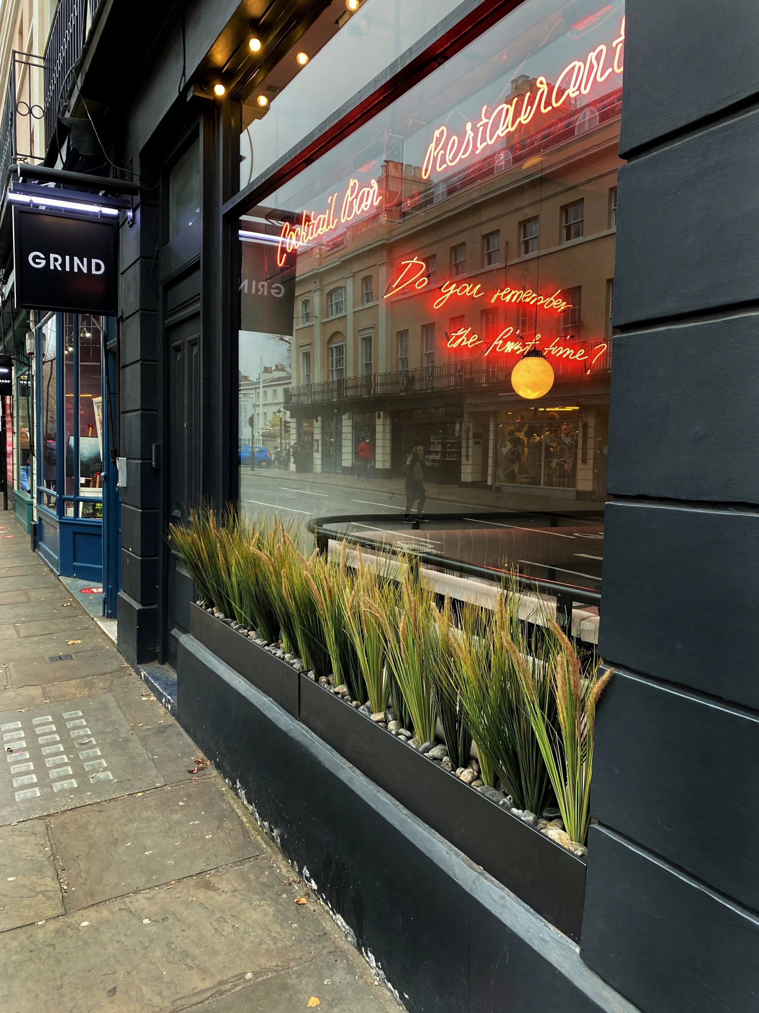 Outdoor faux grasses for Grind in Greenwich, London - Window boxes planted with fake artificial foliage plants