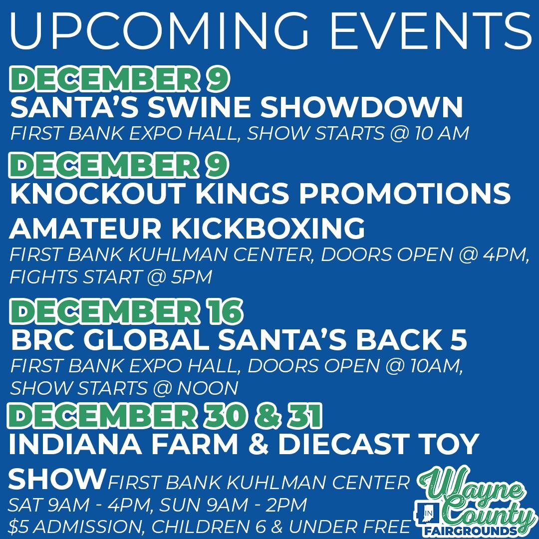 Need something to do this month? Check out the variety of events going on at the Wayne County Fairgrounds! Learn more about all of our upcoming events on our website, link in bio.

☃ Saturday, December 9: Santa's Swine Showdown, First Bank Expo Hall
