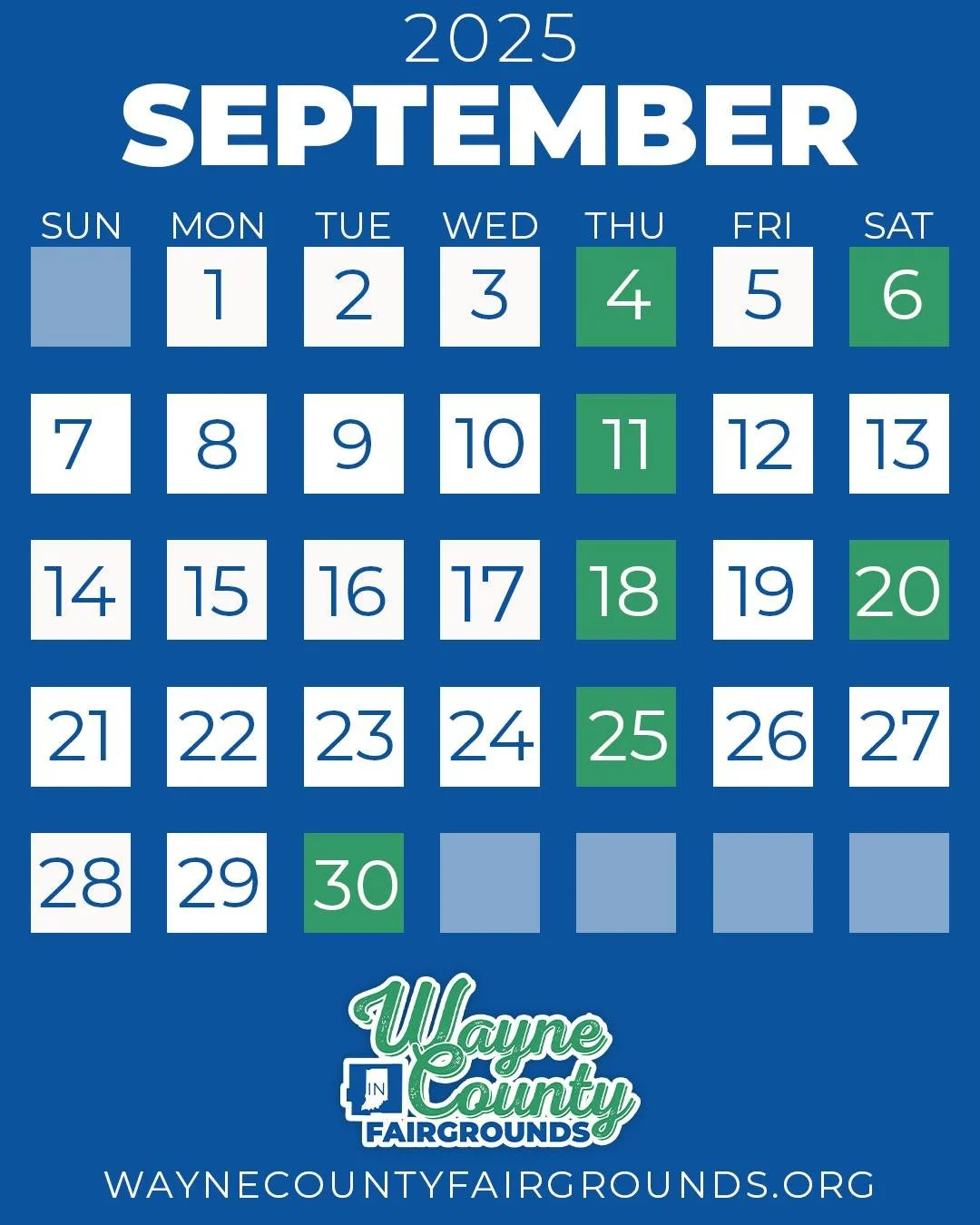 Take a look at what's coming to the Wayne County Fairgrounds this month! 👇

🎪 September 4: The Great Pages Circus (First Bank Kuhlman Center)
🍂 September 6: September Fest (Field across from the main entrance)
🦌 September 11: Indiana DNR Public M