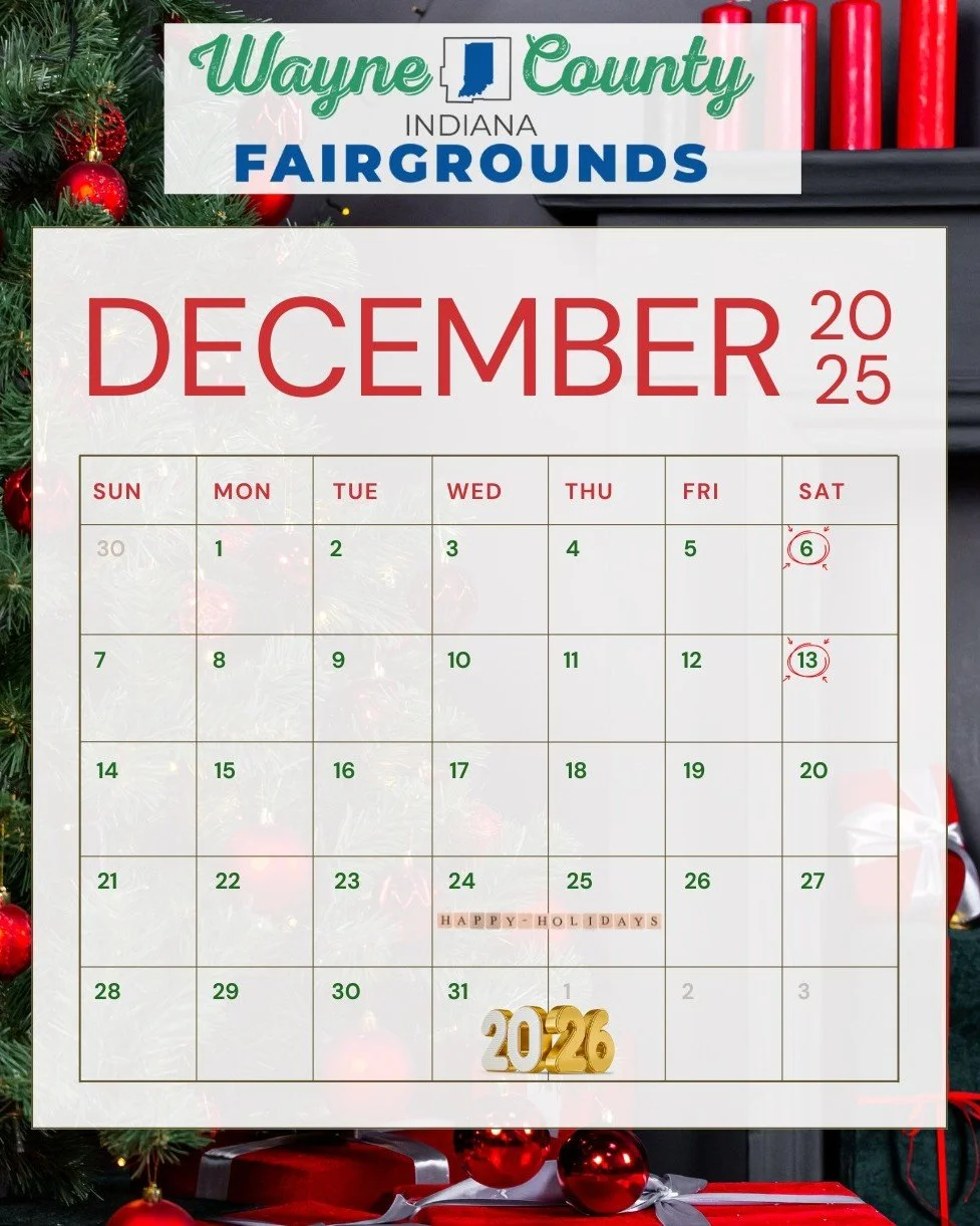 ❄December Fairground Festivities

🗽 December 6th: For Our Veterans - Veterans Christmas Appreciation Dinner
🐷December 13th: Indiana Junior Livestock Association (IJLA) 5th Annual Santa's Swine Showdown!
🎄December 24th &amp; 25th: Wayne County Fair