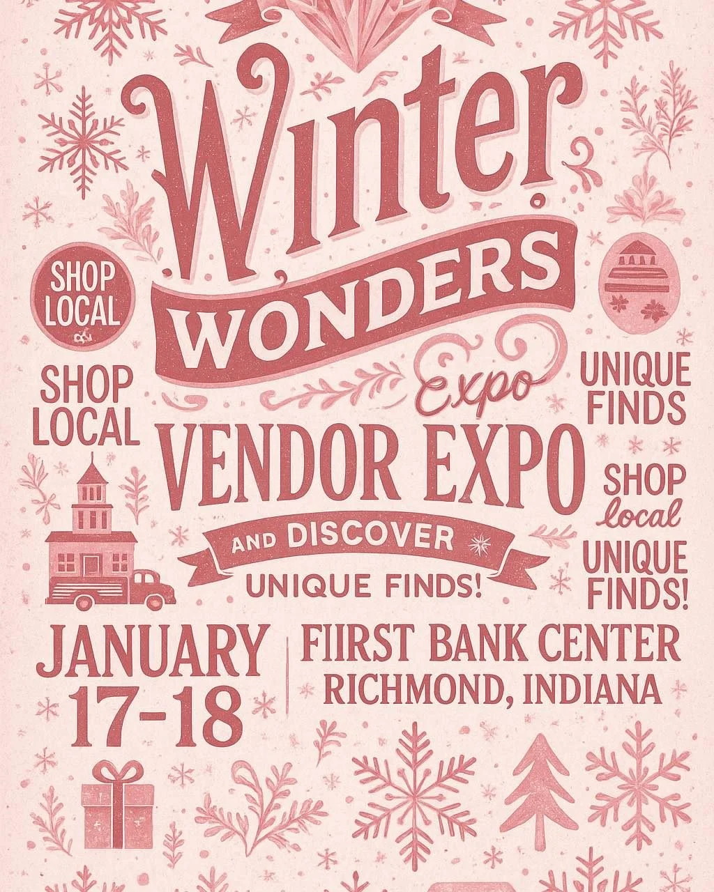 ❄️ Winter Wonders Vendor Expo ❄️
✨ Presented at the First Bank Kuhlman Center &ndash; Richmond, Indiana ✨

Join us for the Winter Wonders Vendor Expo on January 17&ndash;18!
Come shop, explore, and discover unique finds from amazing local vendors. Wh