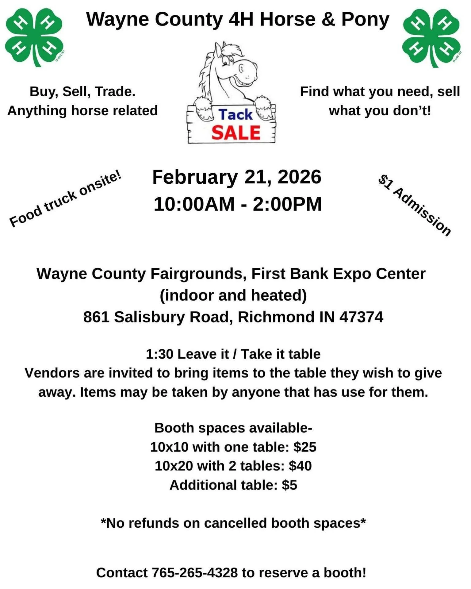 🐴Join the Wayne County 4H Horse &amp; Pony clubs February 21st, 2026 in the First Bank Expo Hall for their annual tack sale!

Buy what you need, sell what you don't!

#HorseAndPony #TackSale #BuySellTrade #waynecountyinfairgrounds #FirstBankExpoHall