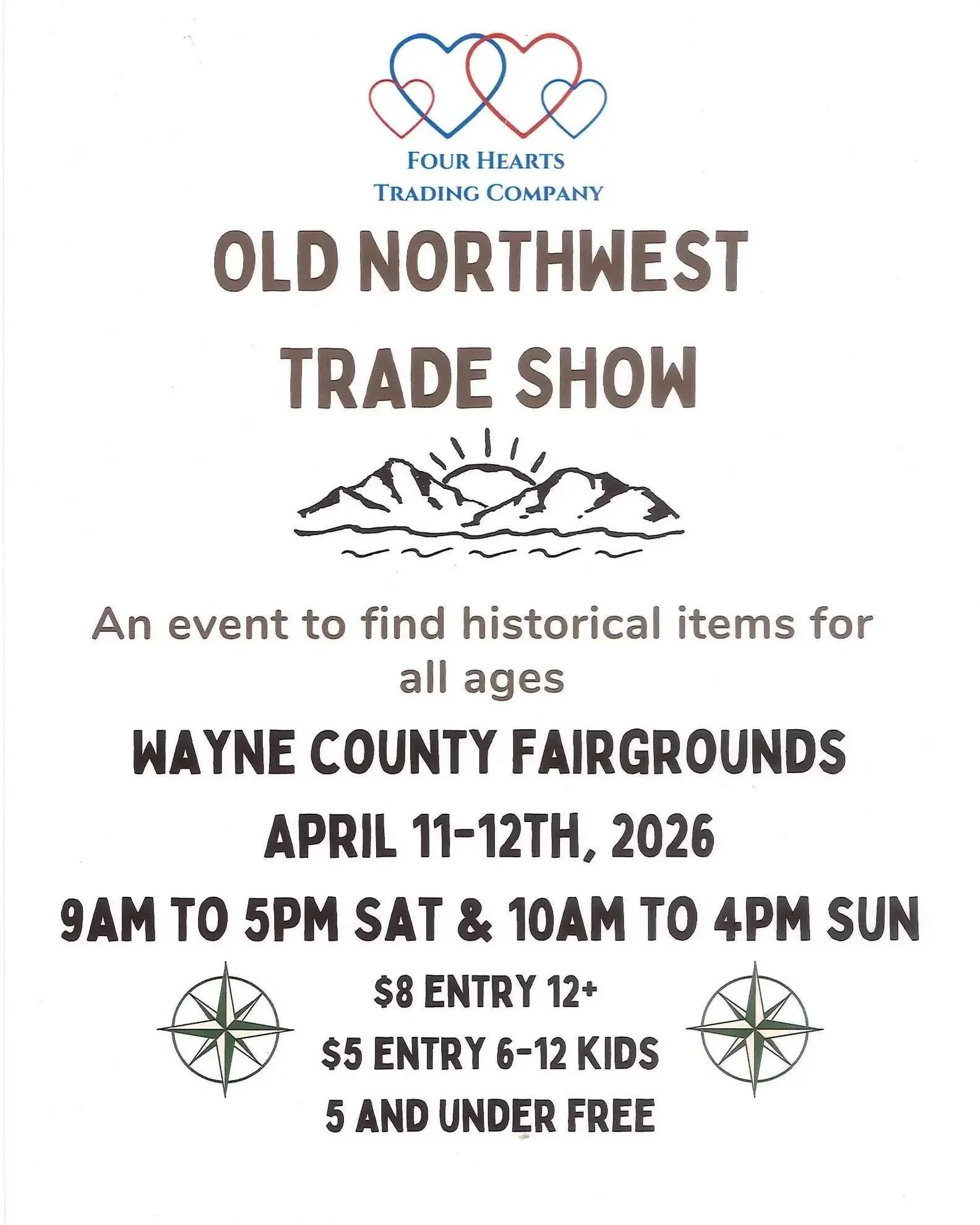 Join Four Hearts Trading Company for the Old Northwest Trade Show!

This event features pre 1840&rsquo;s historical activities, various period vendors, blacksmiths, clothing, gear and much more!

🗓Date: April 11-12th, 2026
🕙Time: Saturday 9 AM - 5 