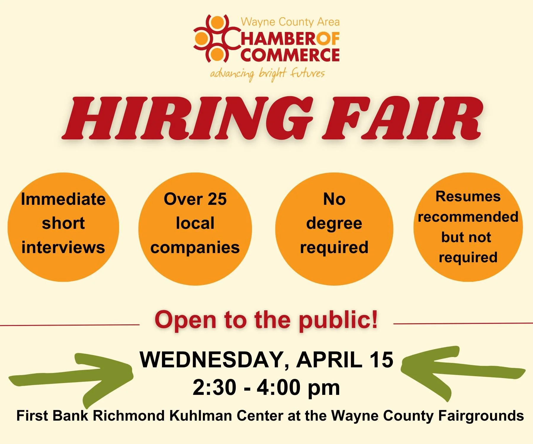 Join the Wayne County Area Chamber of Commerce for their hiring fair, this Wednesday, April 15th!

💼The Hiring Fair connects high school seniors with no post-graduation plans to Wayne County businesses. 
🎓Seniors who interview and accept a job offe