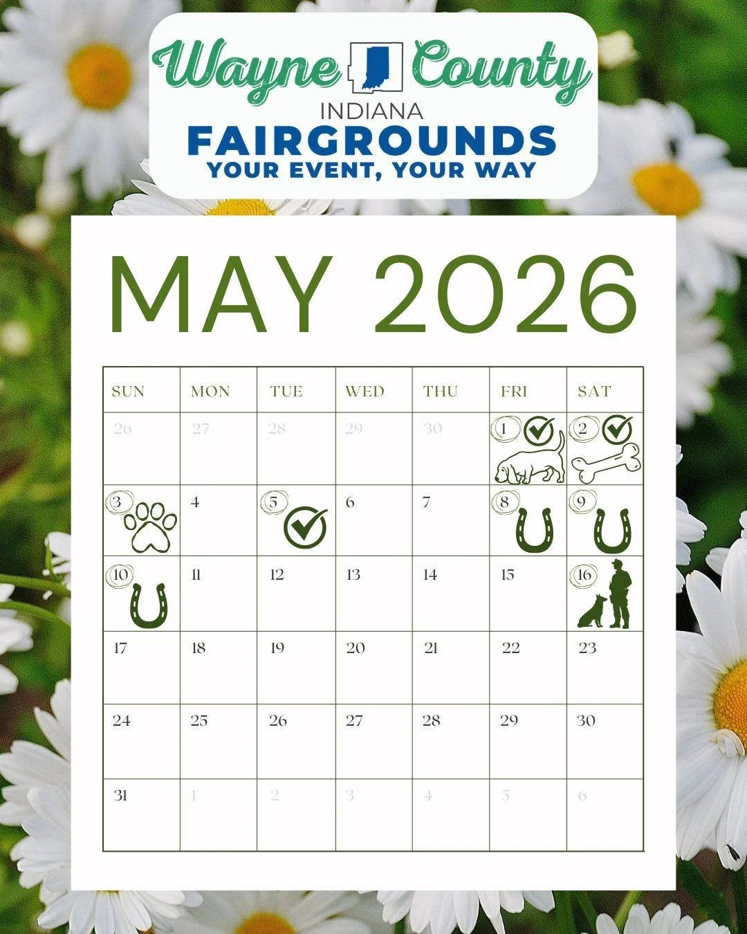 Get ready for May at the Wayne County Fairgrounds! The fairgrounds will be filled with furry companions this month. Check out the upcoming schedule below ⬇

🐾May 1st - 3rd: UKC Midwest Classic
🗳May 1st, 2nd &amp; 5th: Early Voting and Primary Elect