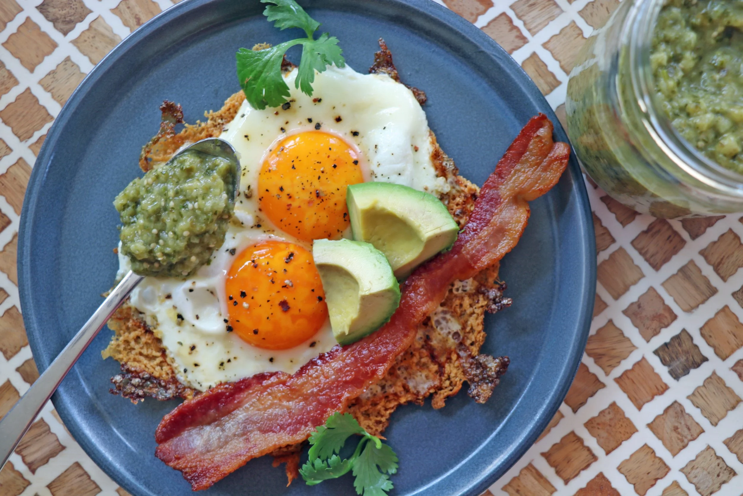 Salsa Verde on Cheddar Fried Eggs
