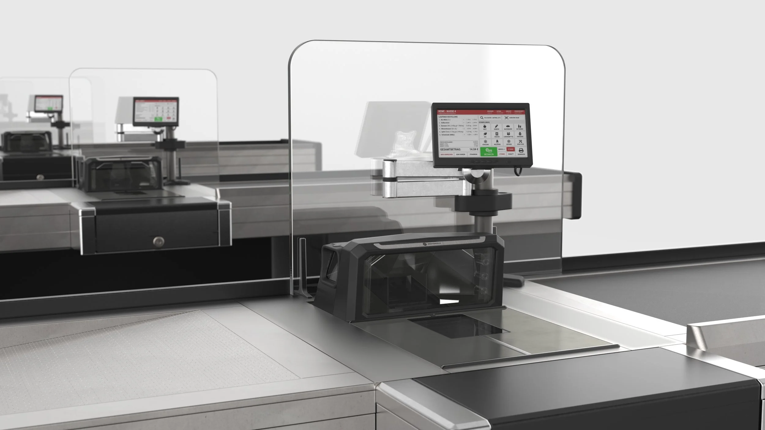 Multiple checkout lane installation of the MP6000 with swivel-arm mounted displays, conveyor belts, bagging area and see-through checkout lane shielding.