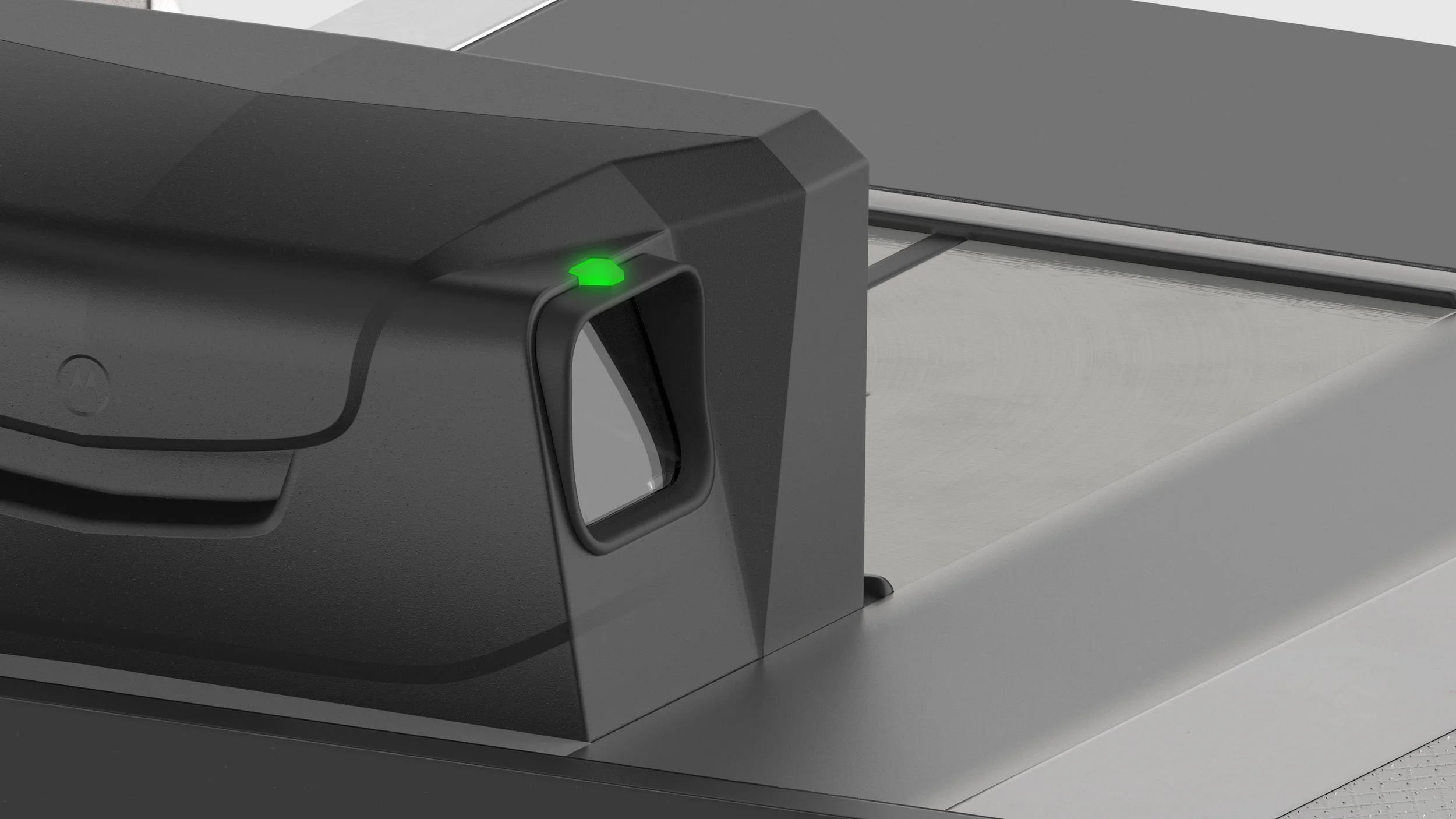 The customer's view of side-scanner at the rear of MP6000 with a green LED illuminating above the scan window.