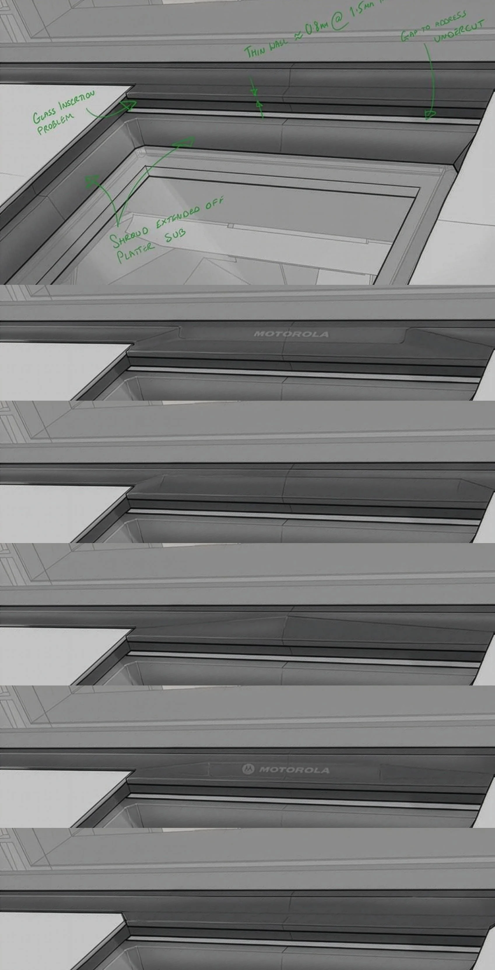Detail design sketch focussing on where the Sapphire glass window meets the edge of the vertical scan window.