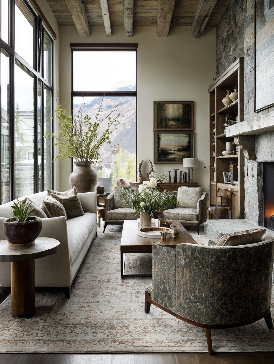 Living room with large windows, white sofa, patterned armchairs, wooden coffee table, built-in bookcase, and stone fireplace.