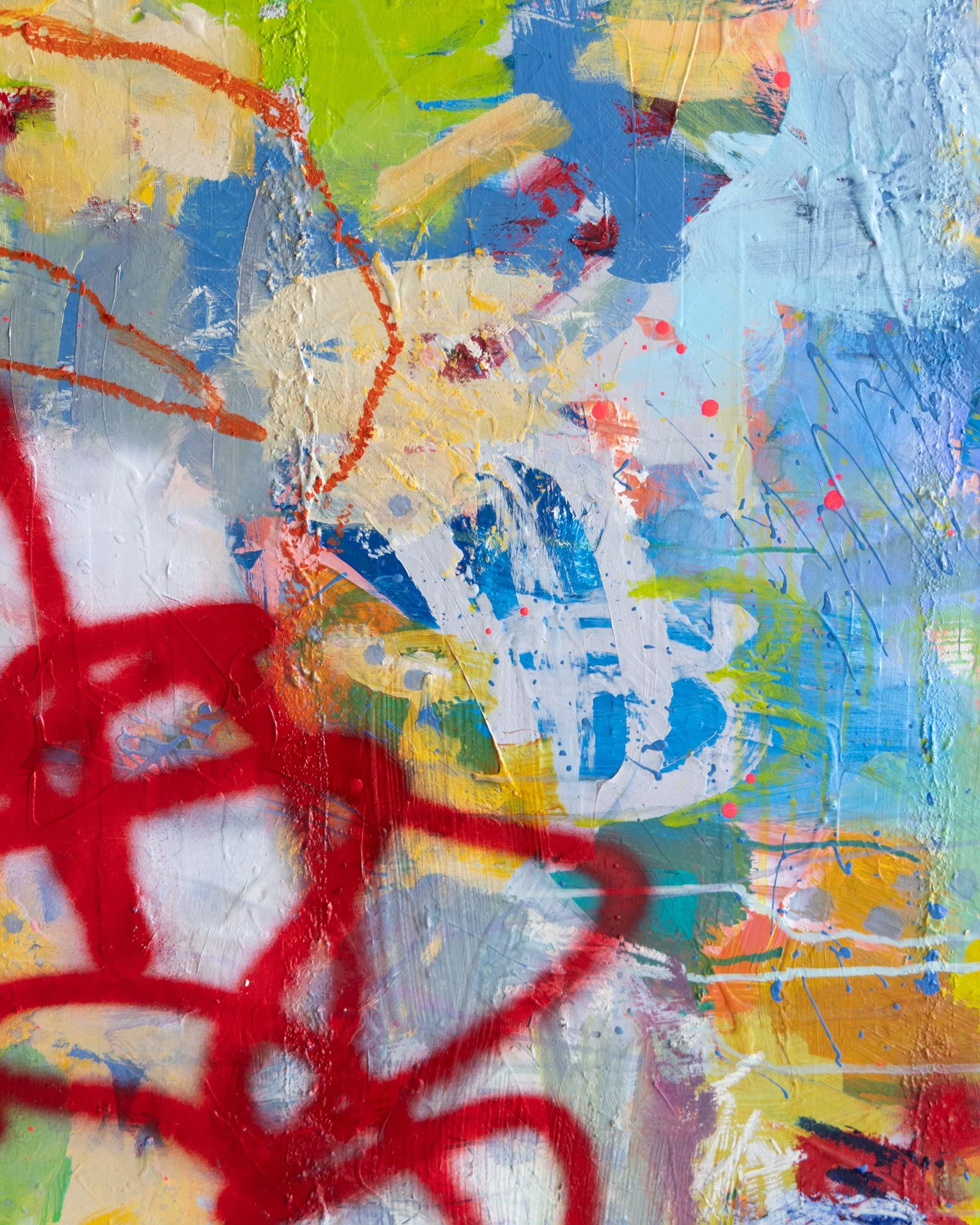 Detail of Wolfgang by Heidi Becker showing layered acrylic paint, oil stick, spray paint and expressive marks.