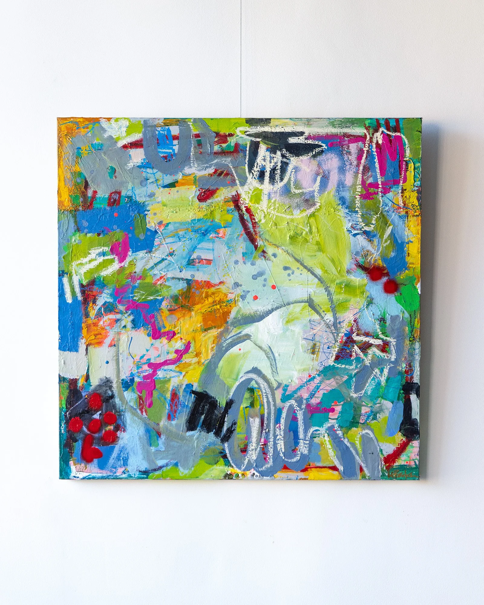 Greta, abstract painting by Heidi Becker featuring vibrant blue, green, pink and orange with layered texture and expressive gestural marks.