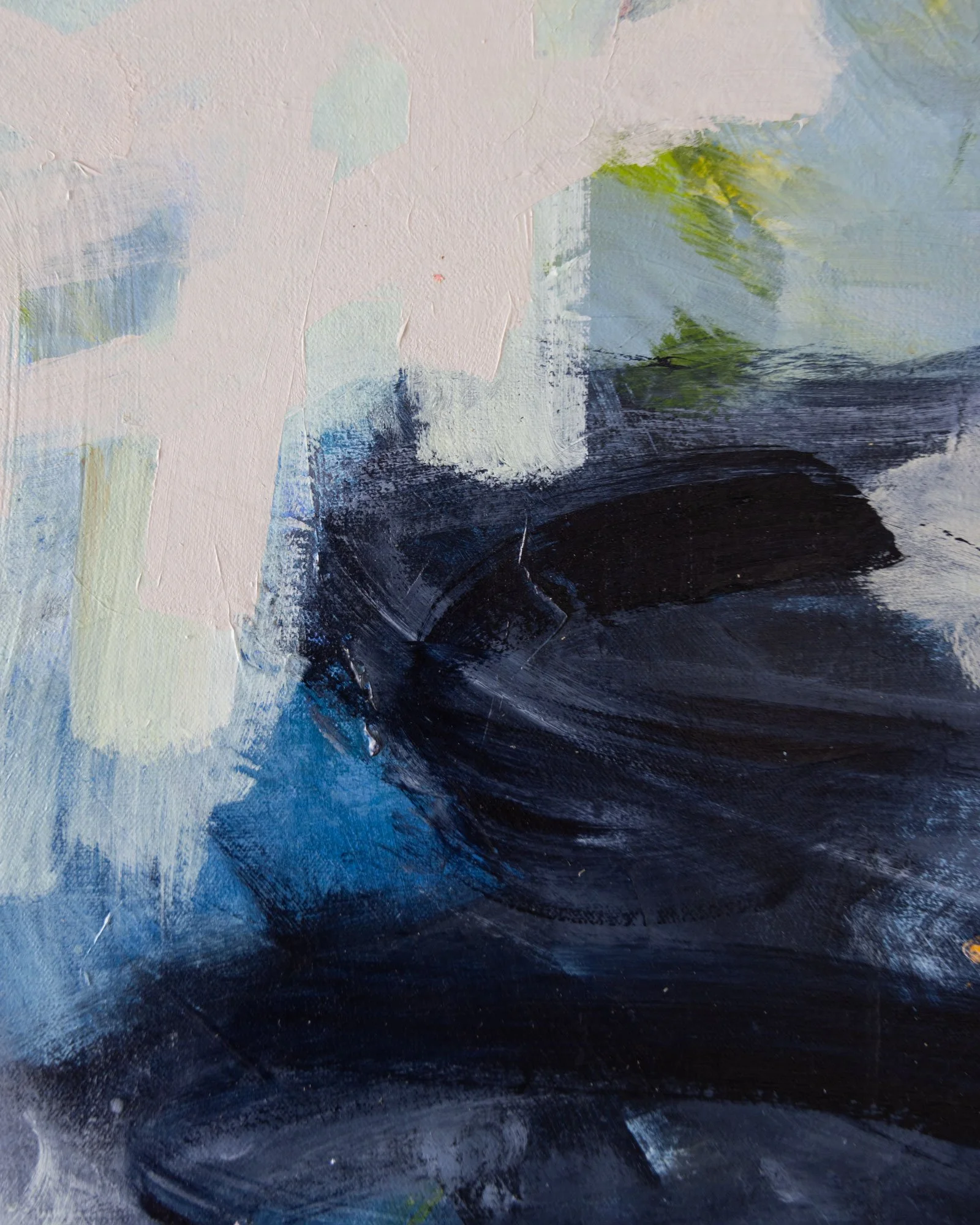 Heidi Becker Mara contemporary abstract detail of painting in blue, navy, off-white and green with expressive layered brushwork.