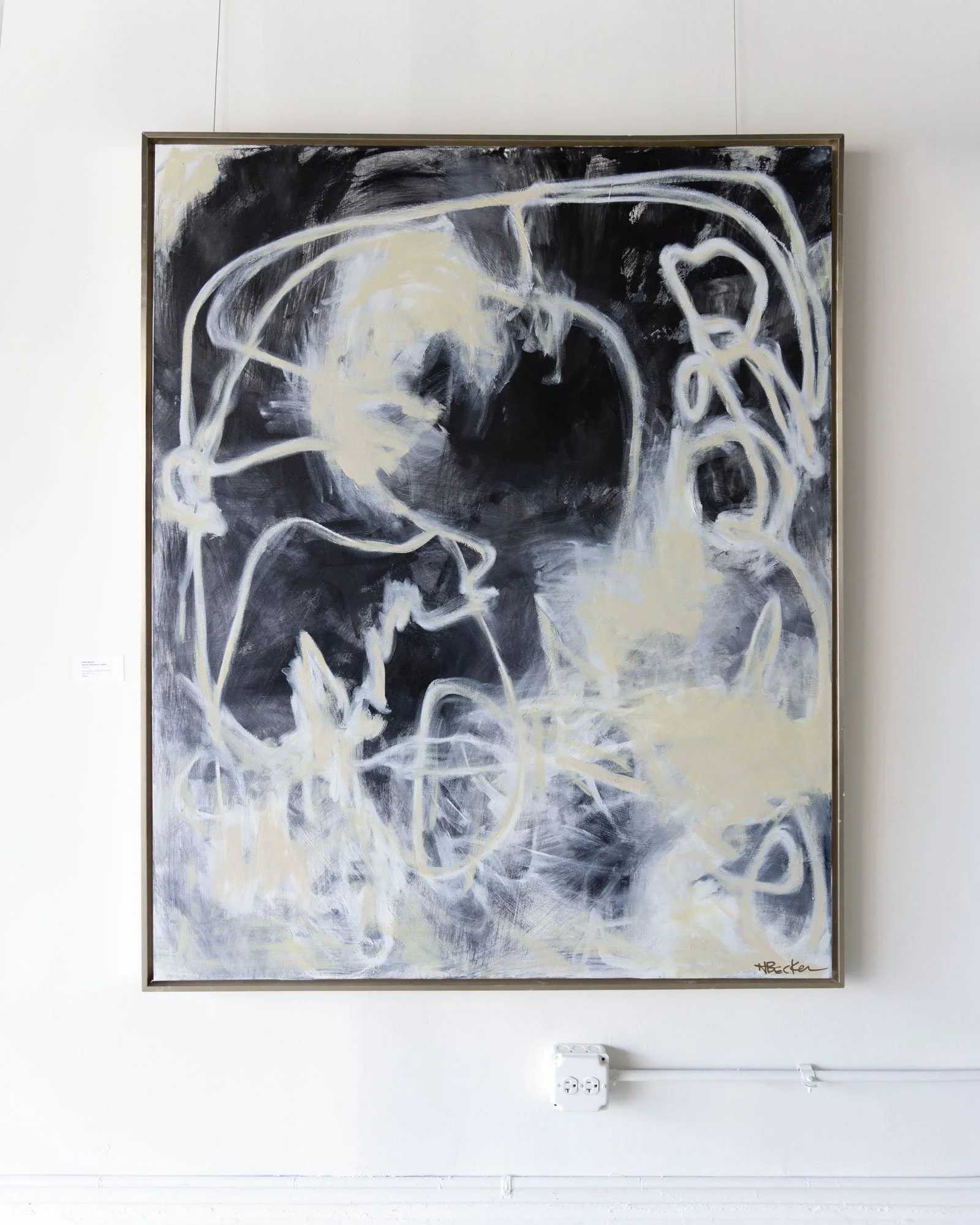 Tracers, 48 x 60 abstract painting by Heidi Becker with black, white and cream forms and expressive gestural lines.