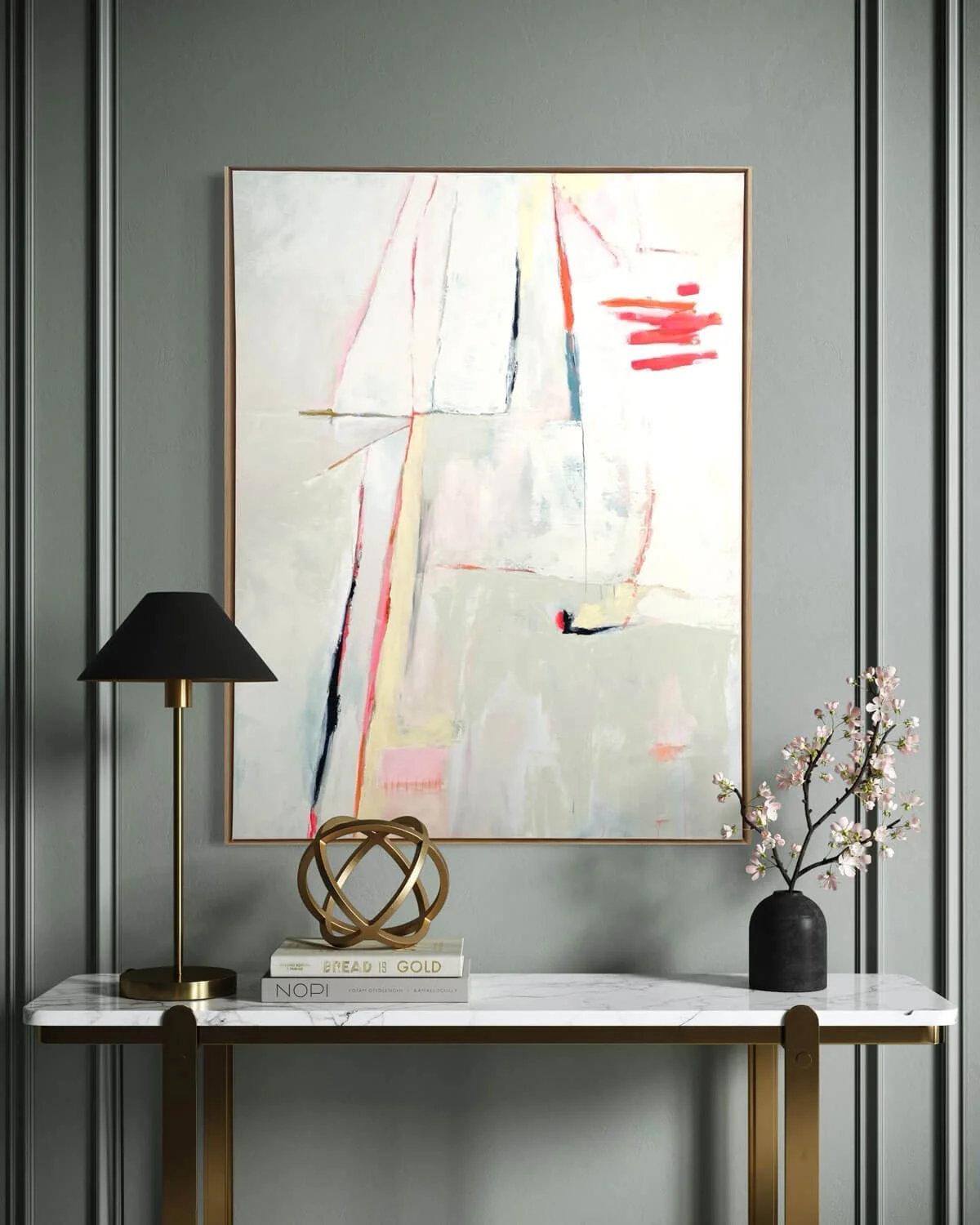 Abstract painting titled Underneath It All hanging on a dark green wall