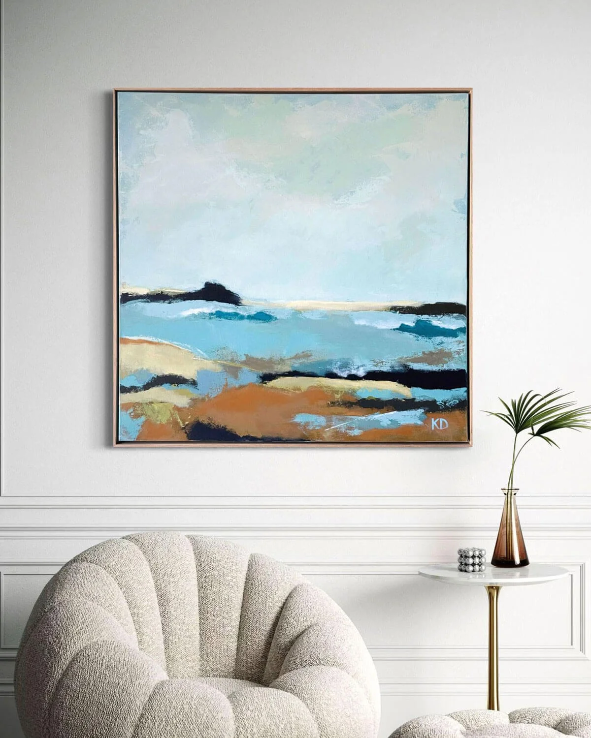 Dreams to Remember an abstract seascape hanging in a white room