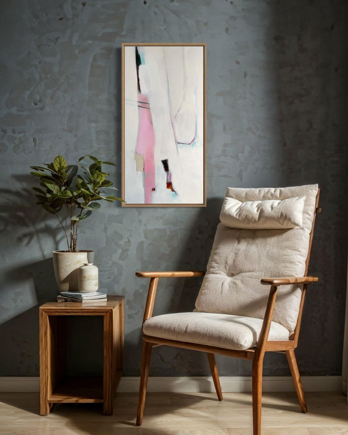 Abstract painting titled Sisters hanging in a room