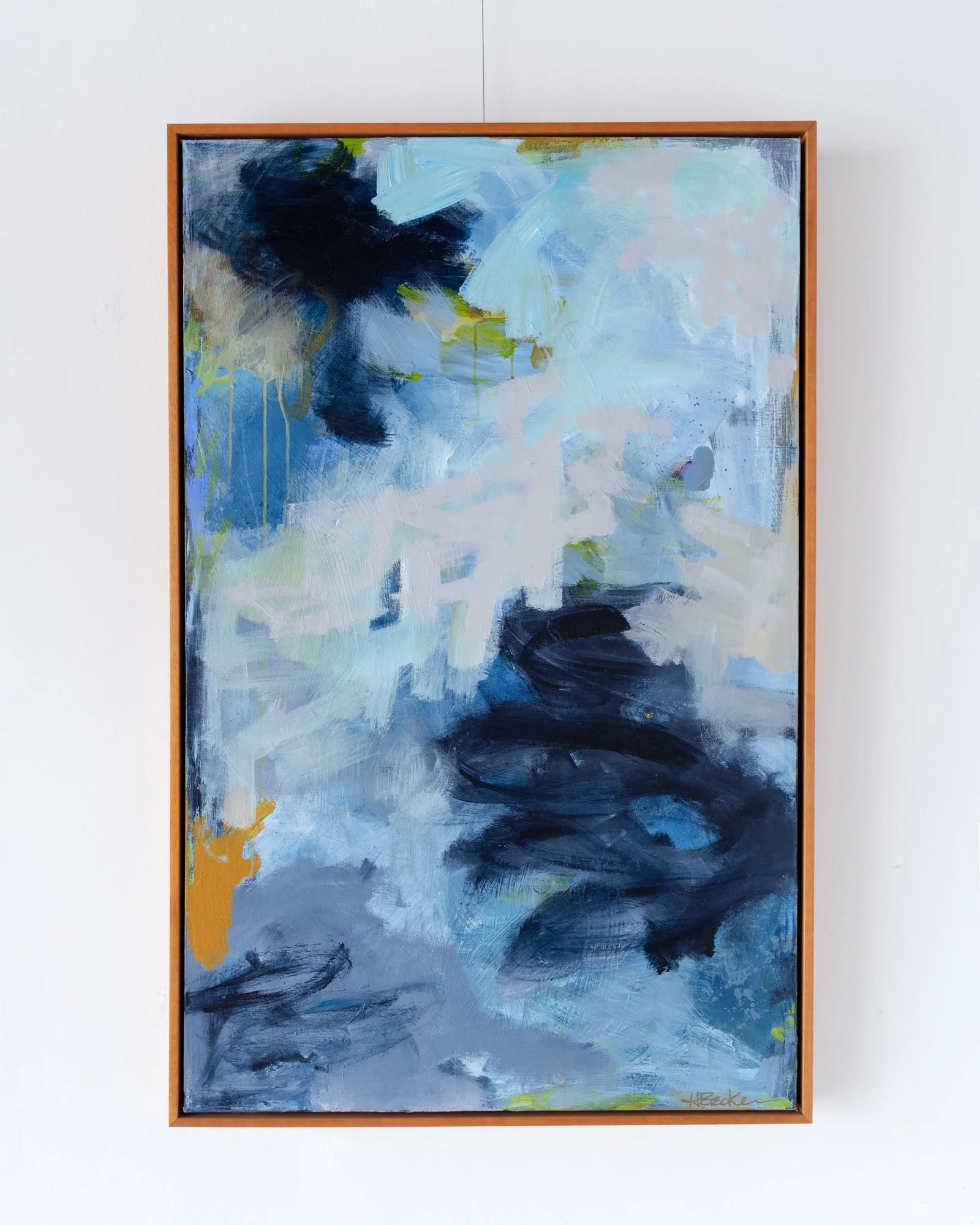 Heidi Becker Mara contemporary abstract painting in blue, navy, cream, ochre and green with expressive layered brushwork.