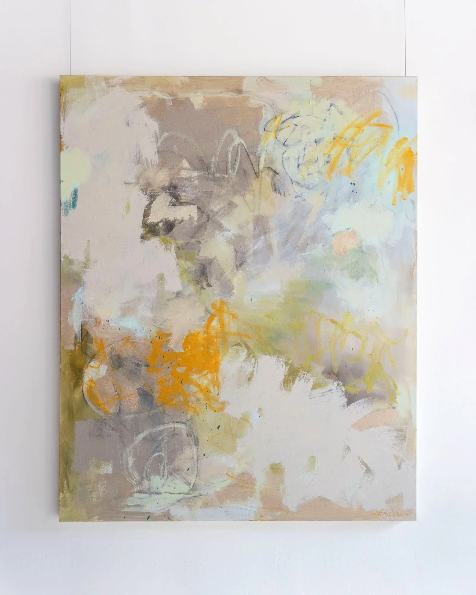 Patina, abstract painting by Heidi Becker featuring layered soft neutrals, pale blue, muted green and ochre with expressive gestural marks.