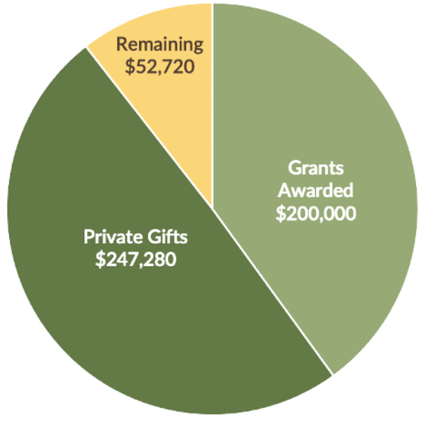 Pie chart with three wedges. Dark green-Private Gifts $247,280; Light Green-Grants Awarded $200,000; Yellow-Remaining $52,720