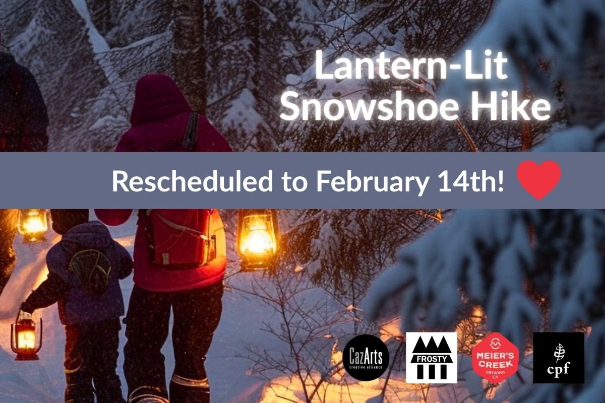 Adult and Child walking through woods with lanterns