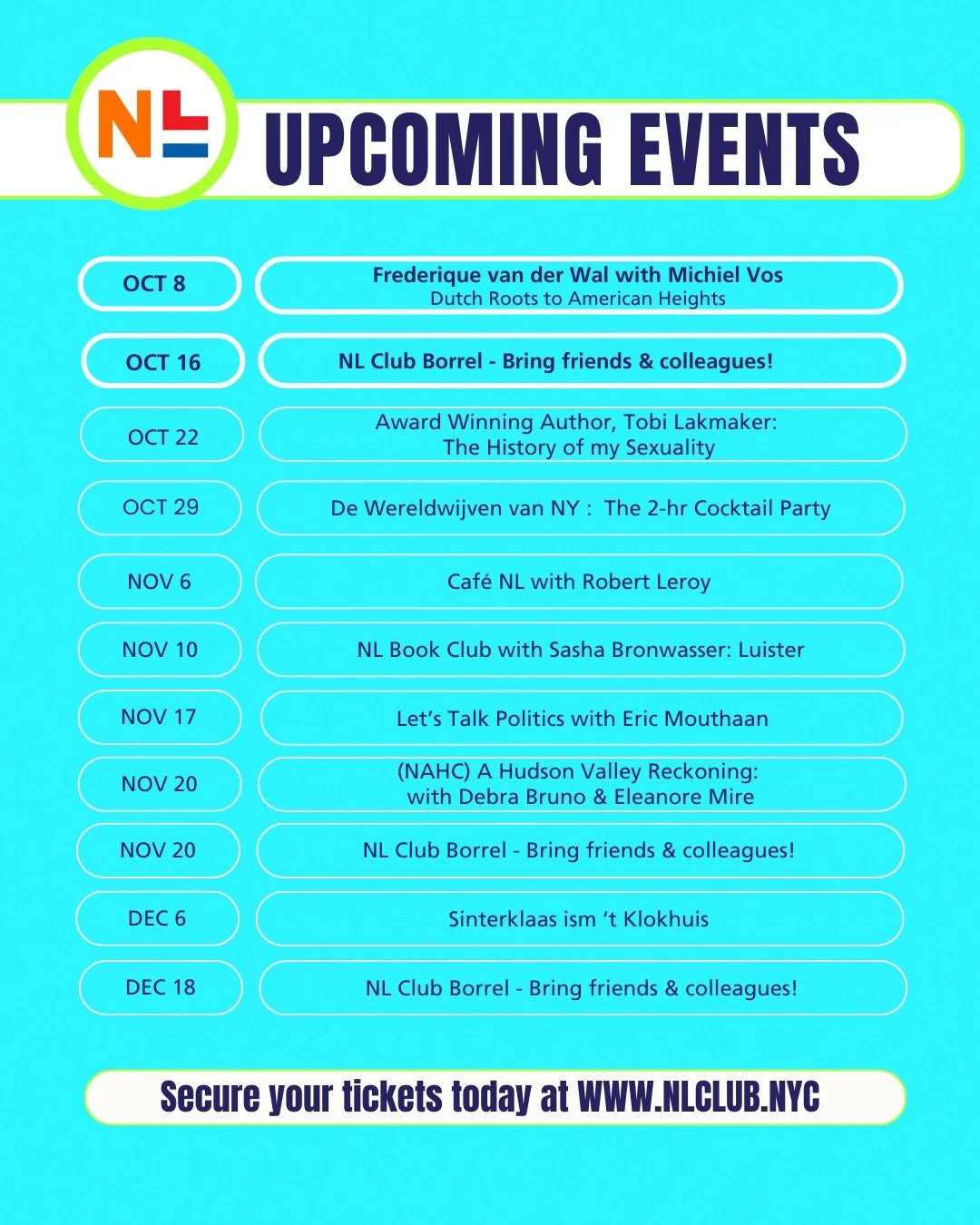 Fall is going to be a busy and exciting season at the NL Club New York! 🇳🇱

We're thrilled to share a look at our upcoming events, from inspiring guests to insightful talks; from our &ldquo;gezellige&rdquo; borrels to Dutch celebrations.

Be sure t