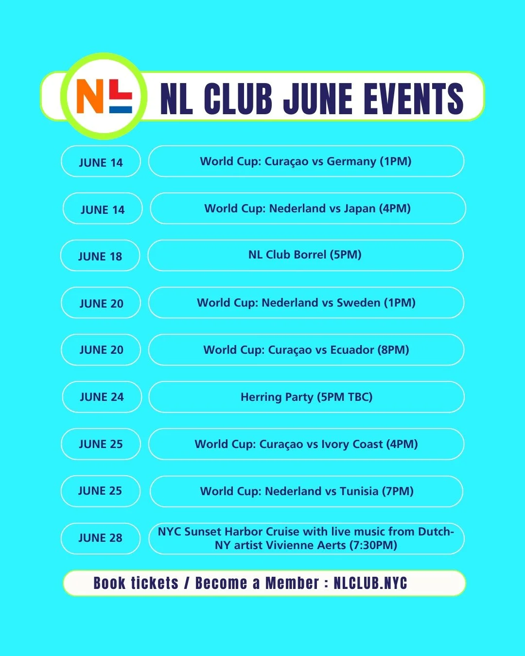 Don't miss out this month! As if a World Cup, with six watch parties for two teams to cheer on, wasn't enough, the NL Club's annual Herring Party is upon us. Yes, it's the Hollandse Nieuwe season. We also have special access to an exceptional harbor 