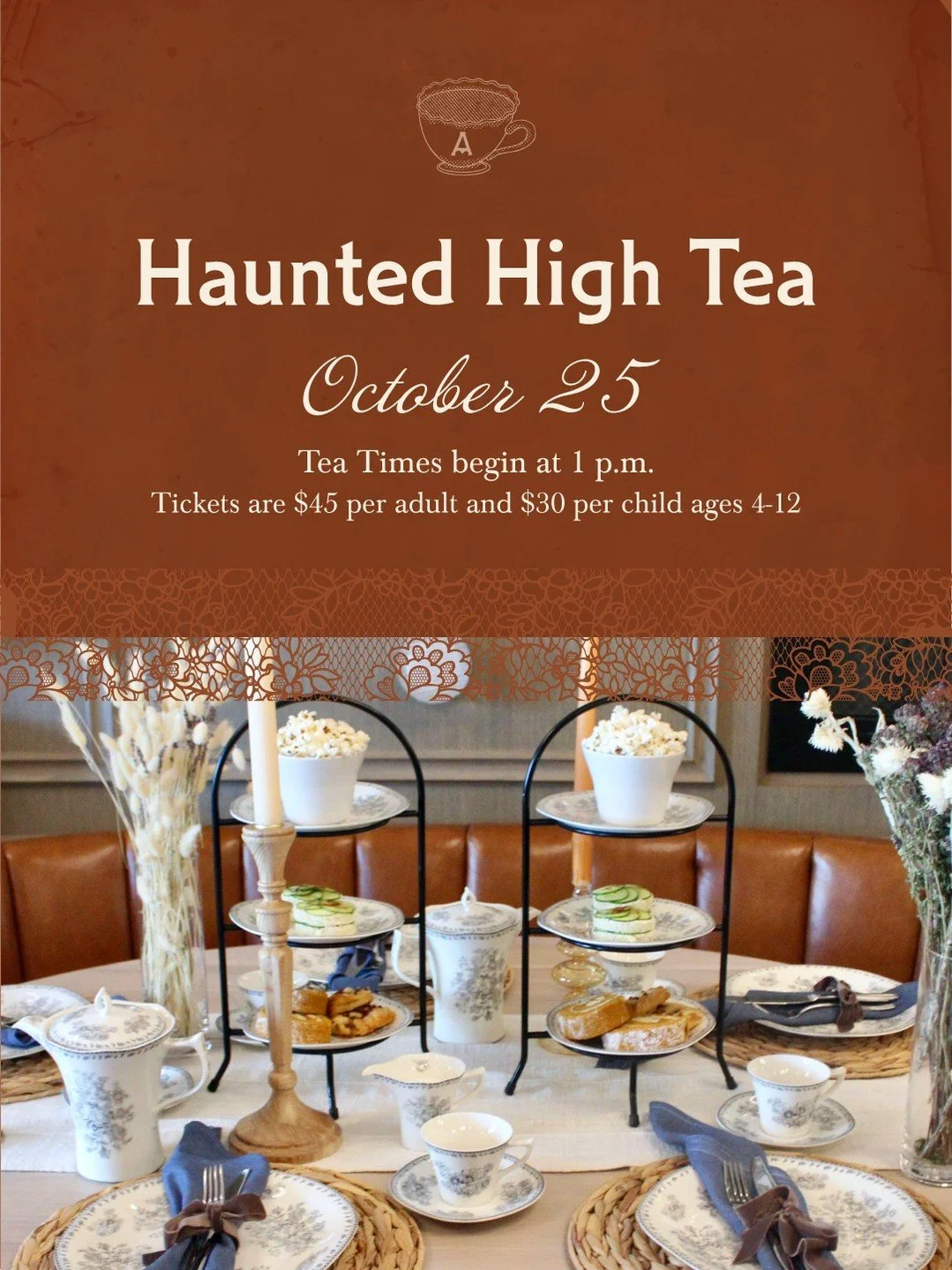Tea time is taking a spirited turn 🔮🫖

Haunted High Tea arrives at Alma on Sunday, October 25, complete with Witches Brew, @rareteacellar teas, and a tower of Halloween-inspired sandwiches and sweets. Come for cinnamon rolls and apple crumble tarts
