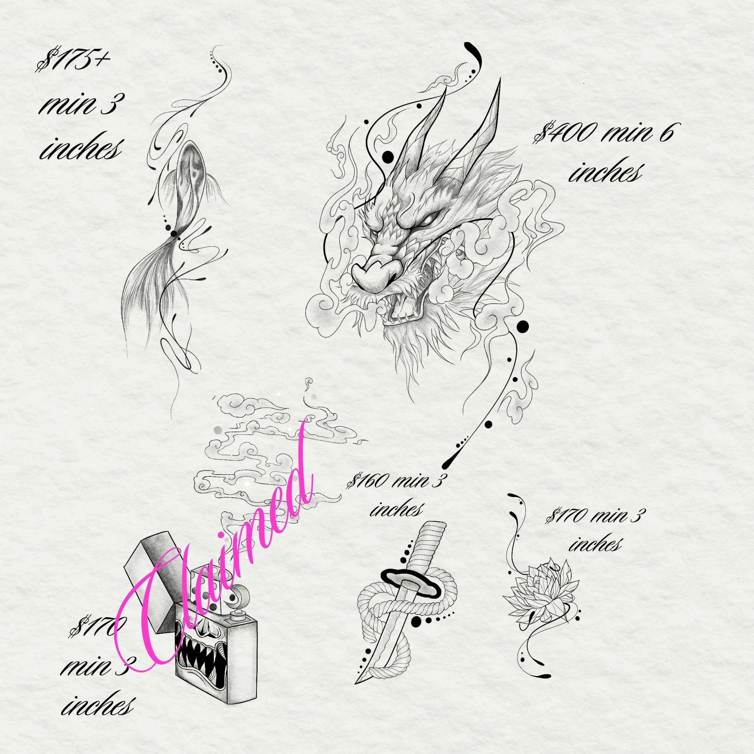 Black and white tattoo-style drawing of a dragon's head, surrounded by various decorative elements, with pricing and sizing information.  Tattoo flash sheet in Toronto.