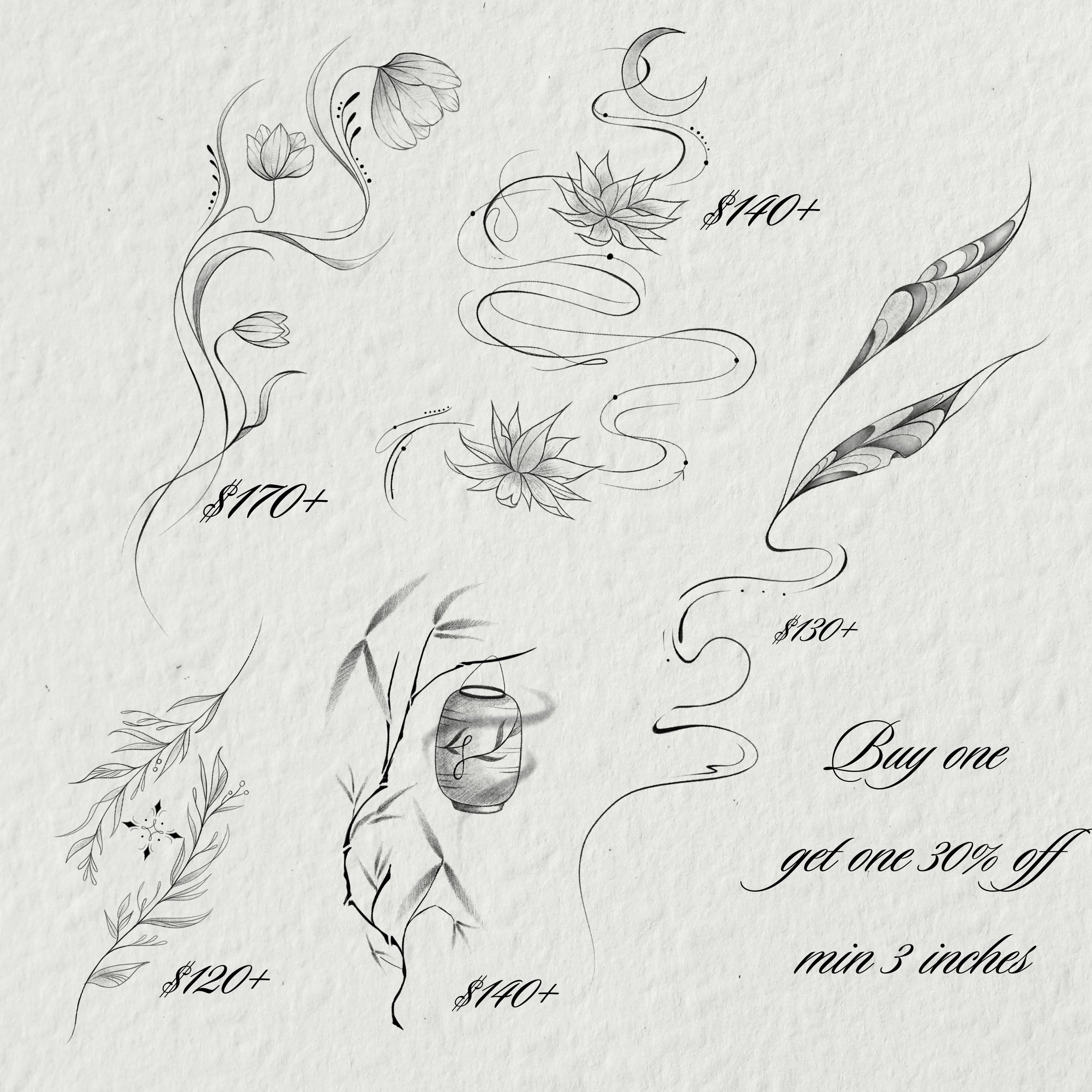 Hand-drawn floral and botanical illustrations framing pricing options on paper, with prices ranging from $120+ to $130+ and a note about a discount. Tattoo flash sheet in Toronto.