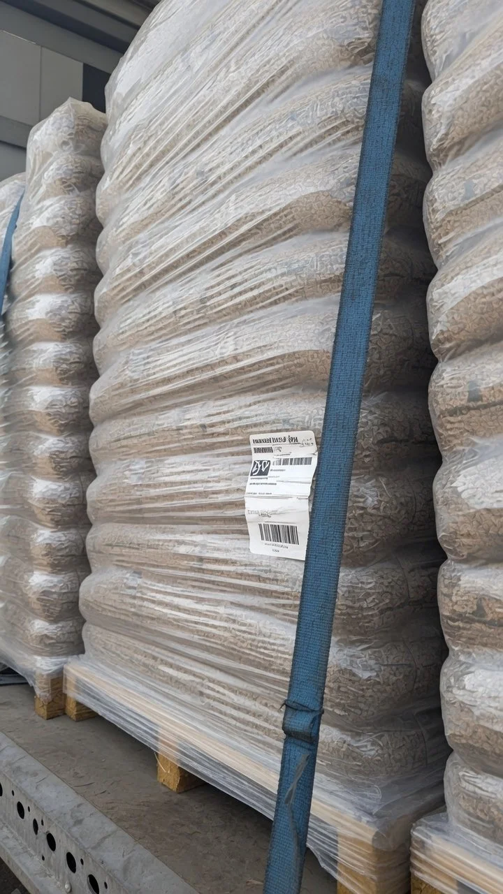 Camion et palettes de sacs de pellets prêts pour la livraison
