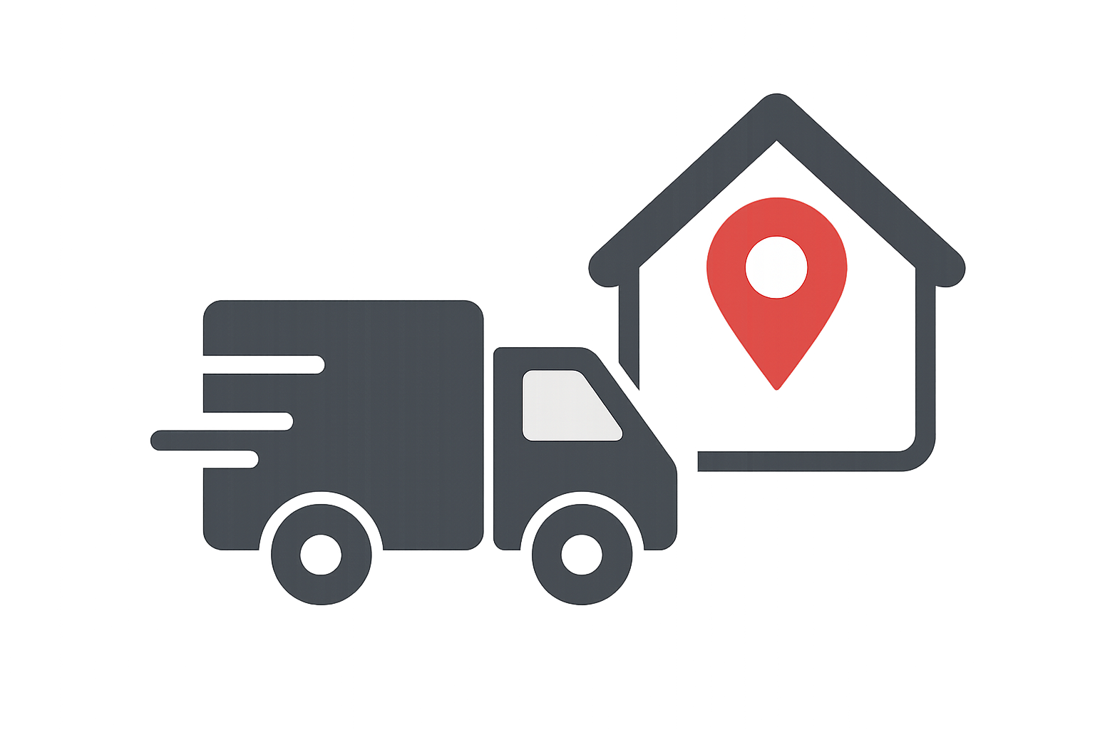 Icônes de livraison, maison et localisation avec un camion, un bâtiment et un marqueur de localisation en style graphique plat.
