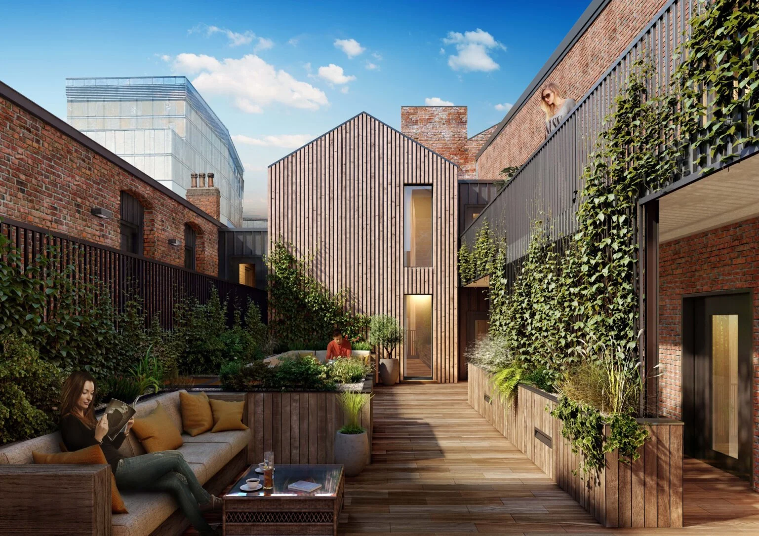 4-6 parliament street, York  by brown + company architects, York.  A modern rooftop terrace with wooden flooring, surrounded by brick and wood-panelled walls, greenery, and a seating area with a woman reading a book.