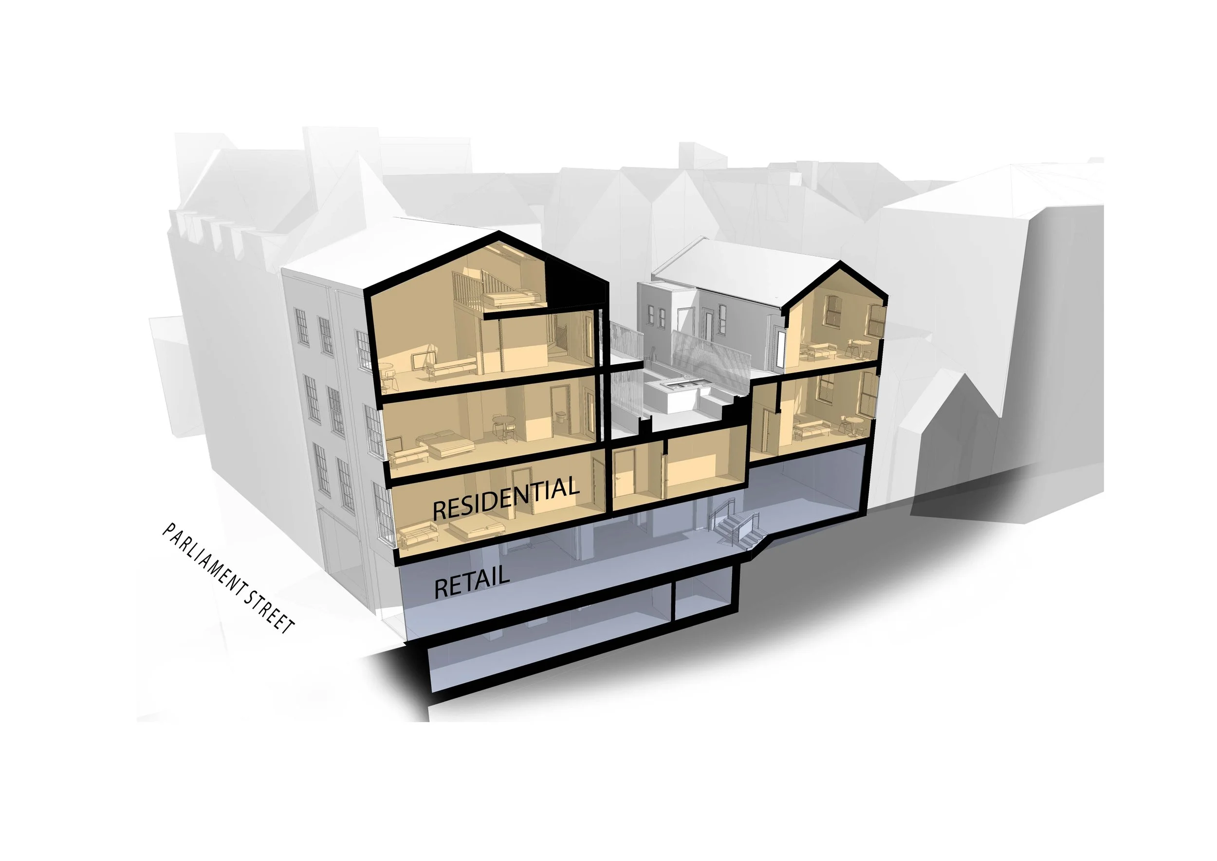 4-6 parliament street  by brown + company architects, York.  Cross-section of a multi-story existing building showing retail on the ground floor and an apart-hotel on the upper floors, with new planted roof terrace between buildings.