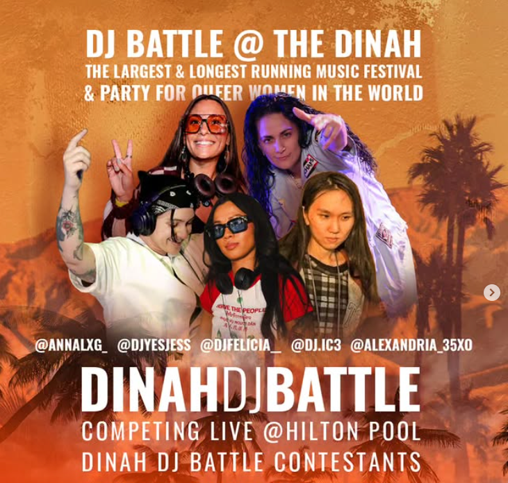 Promotional poster for a DJ battle at The Dinah, a music festival and party for lesbian women, featuring five women DJs posing together with palm trees in the background.