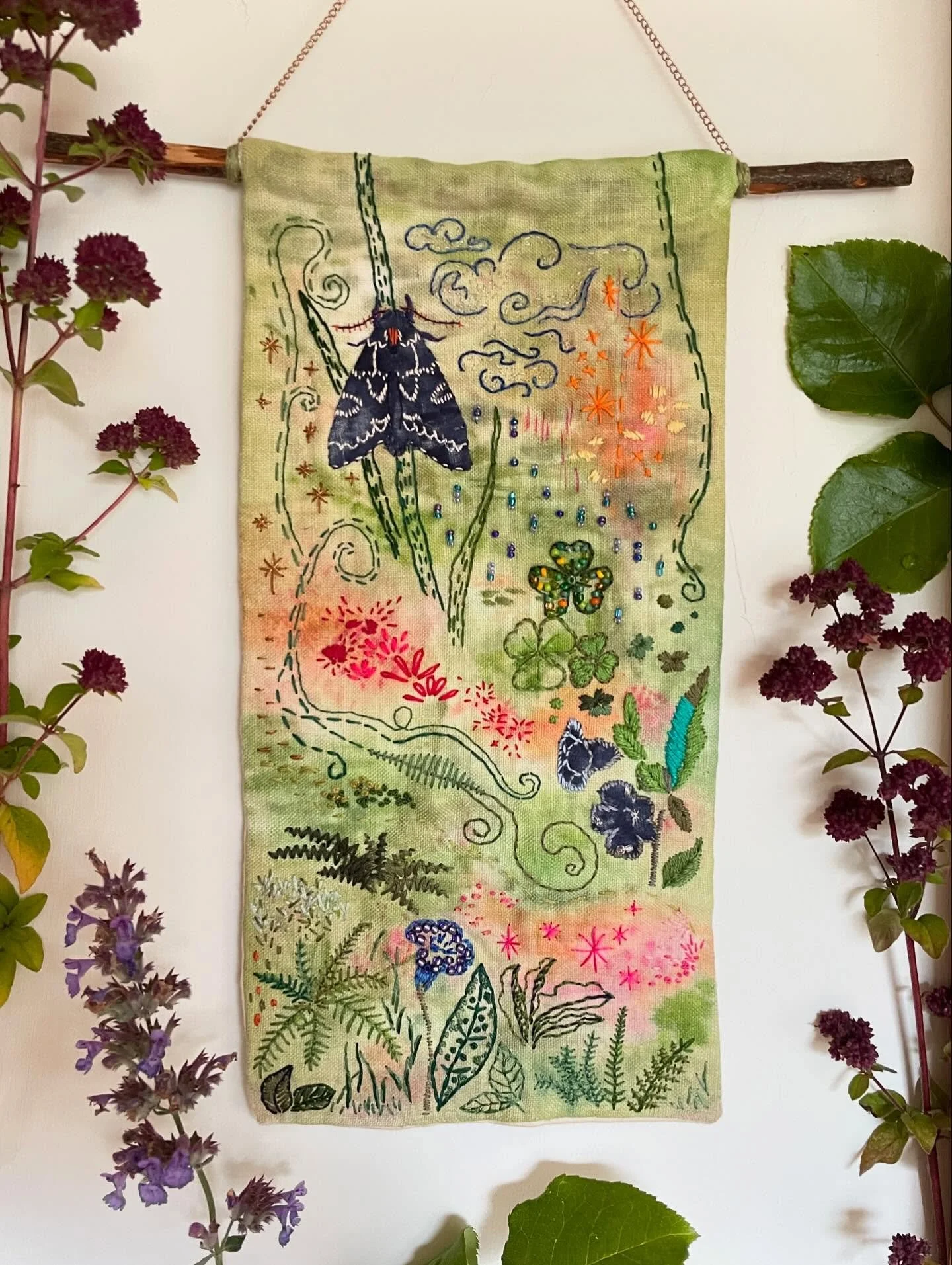 ‘Treasures of a Temperate Rainforest’
Evolving as it went along, the watercolour background wash of greens and pinks sparked a memory of a recent visit to ancient woodlands near us. The bright greens of the wood sorrel and pinks of the m