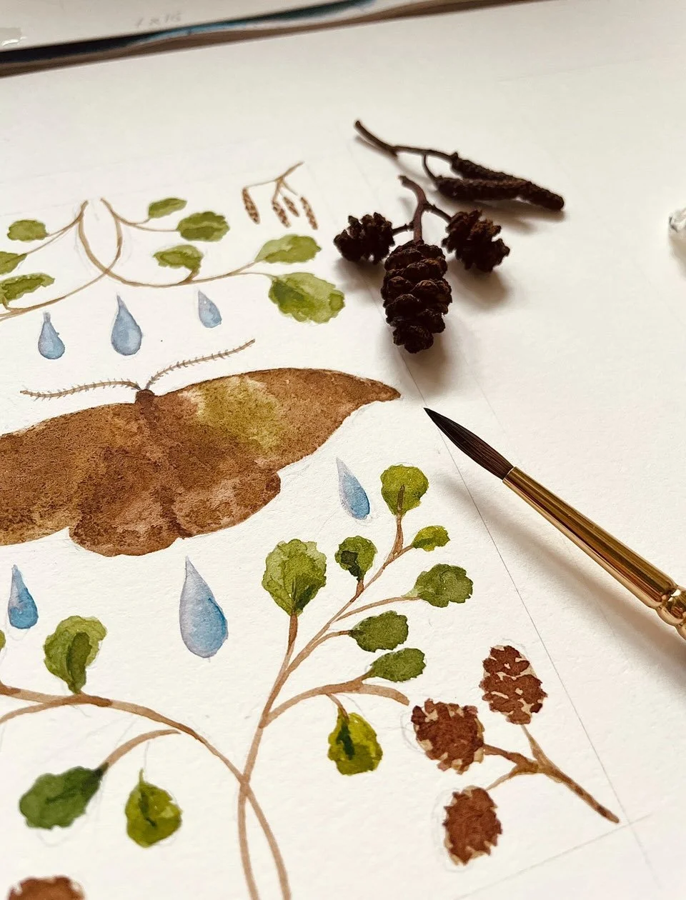 For the last week we&rsquo;ve been seeking shade inside, doing a little postcard size painting and appreciating the cool breeze amongst the hazel trees. And LO is proving to be a budding bug collector with this little shiny green leaf weevil hitching