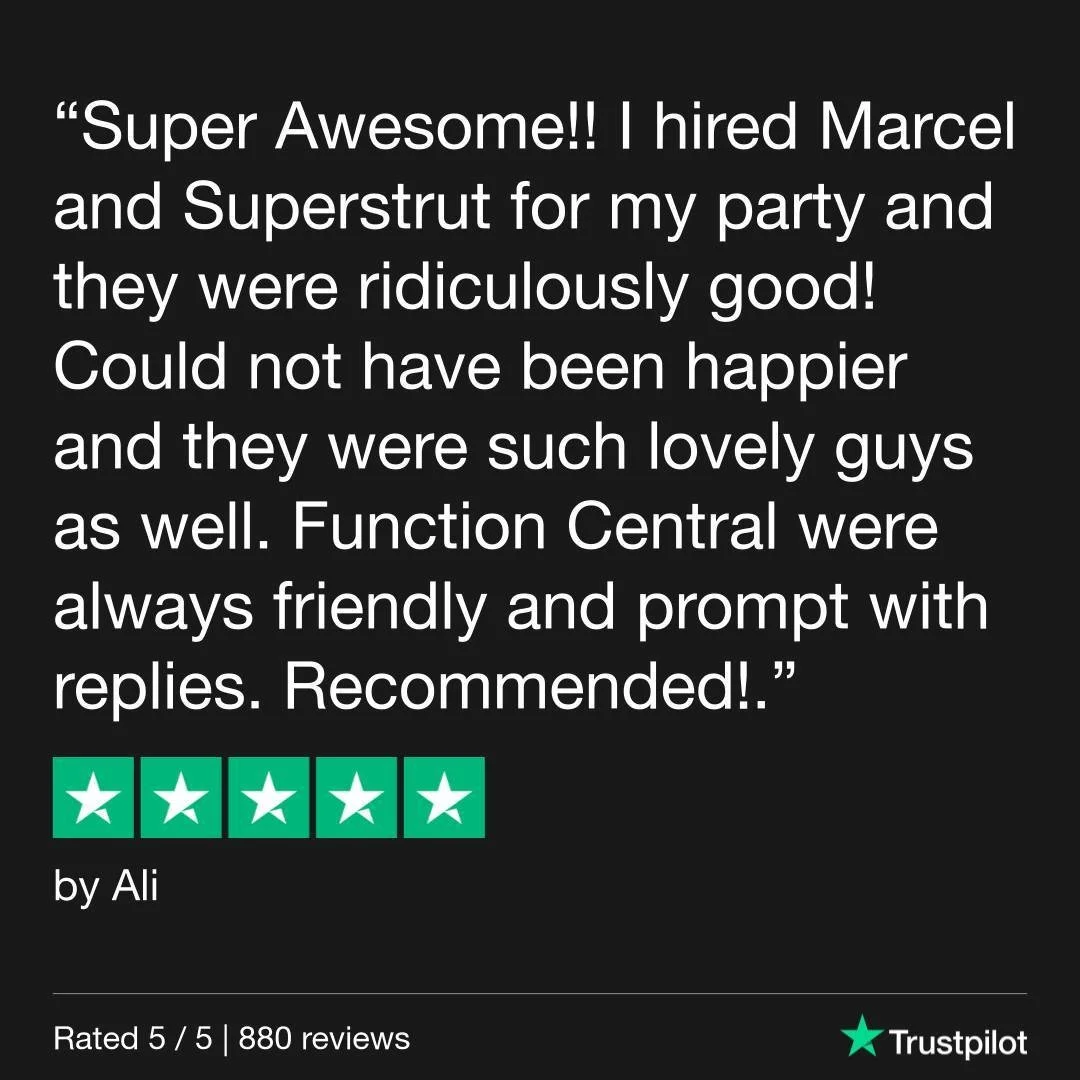 Thanks Ali 🙌

Review via @functioncentral's Trustpilot. 

#partyband #functionband #trustpilotreviews