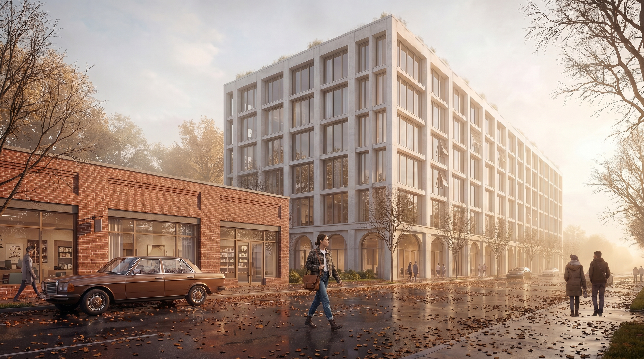 A city street scene with an old brown car parked in front of a brick building with large windows. A woman walks across the street, and people are gathered near the building. A modern, multi-story building with large glass windows is in the background