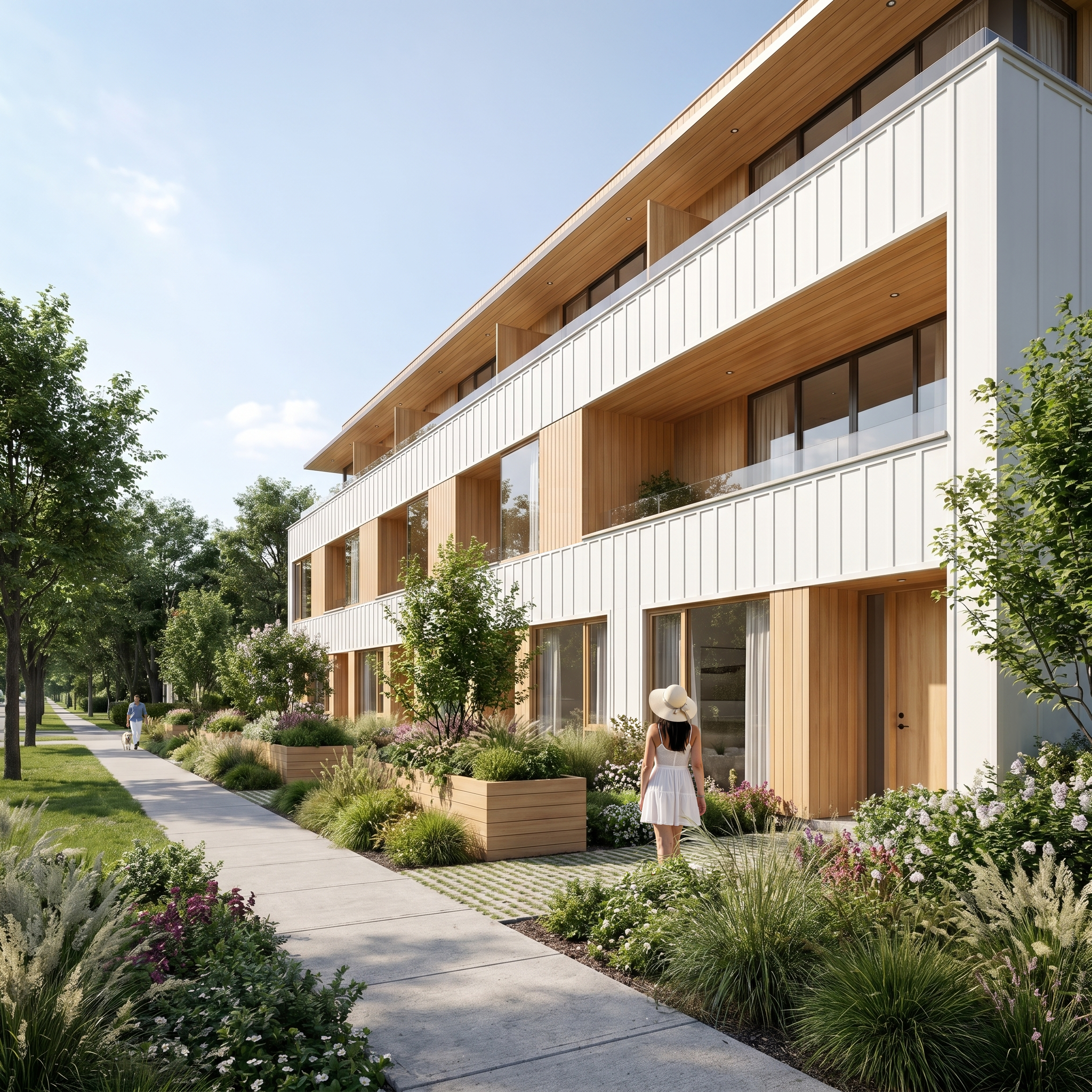 Modern multi-story residential building with large windows and balconies, surrounded by lush green landscaping and trees on a sunny day.