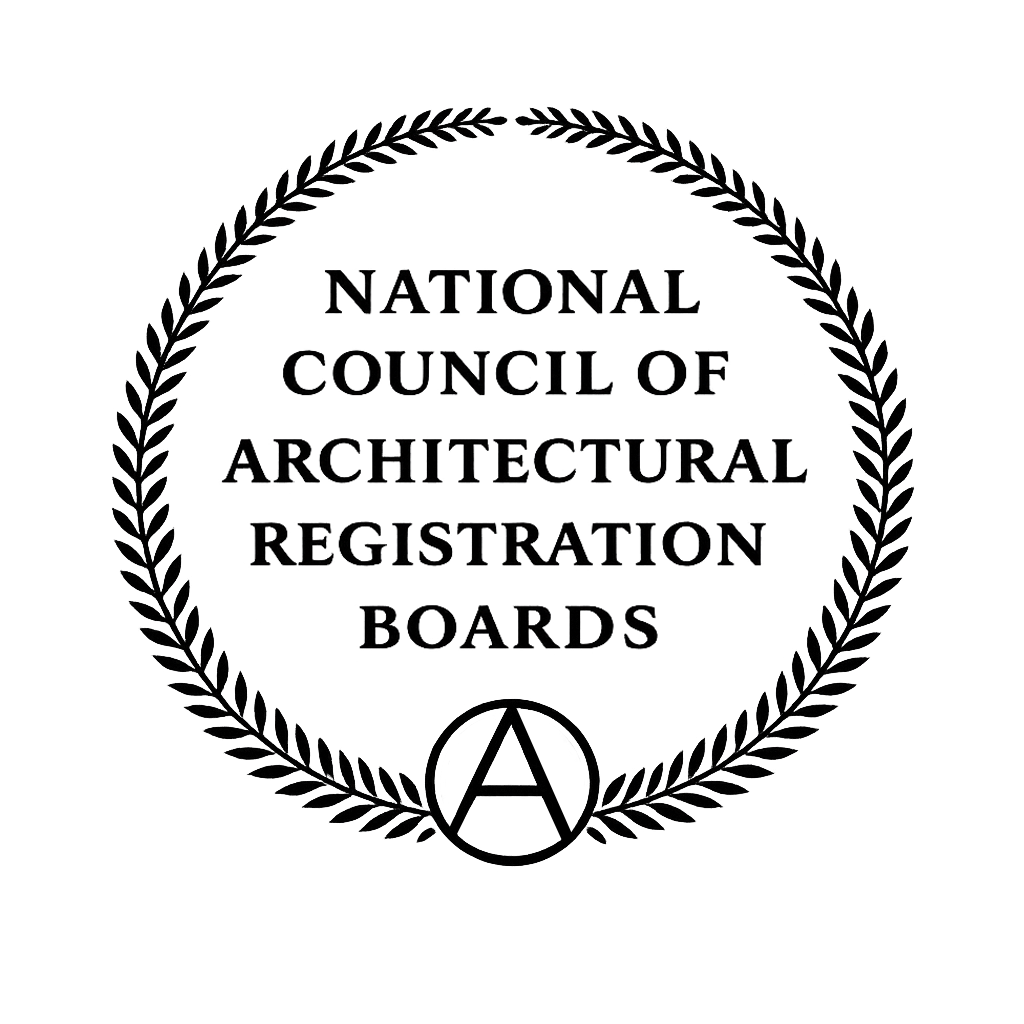 Seal of the National Council of Architectural Registration Boards featuring a laurel wreath and letter A.