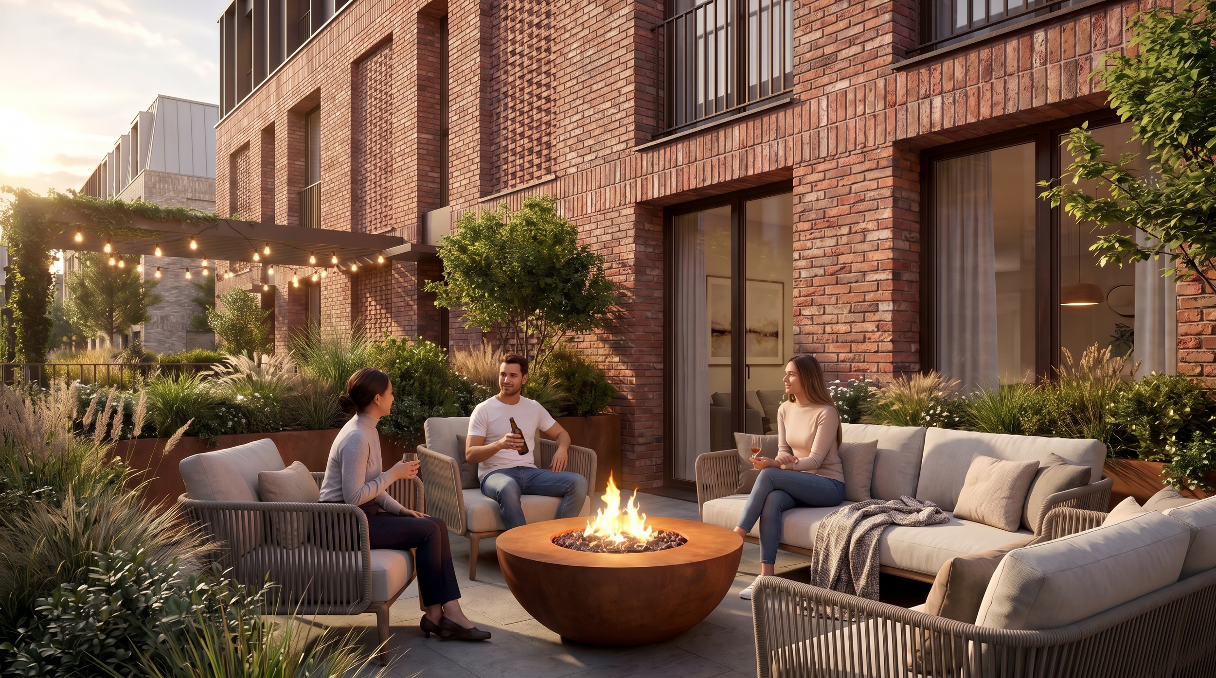 Three people sitting on outdoor patio furniture around a fire pit, socializing in the evening. The patio has a brick building with large windows and a garden area with string lights overhead.