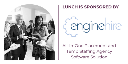 People at a business event, with a woman presenting and others listening, alongside text that reads "LEADING RESHAPED BY engineering All-In-One Platform for Construction, Energy, and Infrastructure."