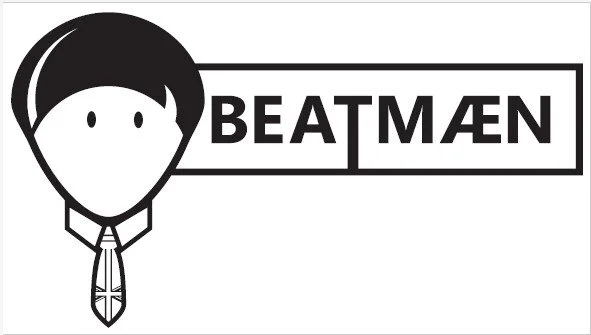 schwarz weiß Logo von Beatmän. Linker Hand is ein Kopf mit klassischer Beatles Frisur und Krawatte mit Union Jack Motiv gezeichnet
