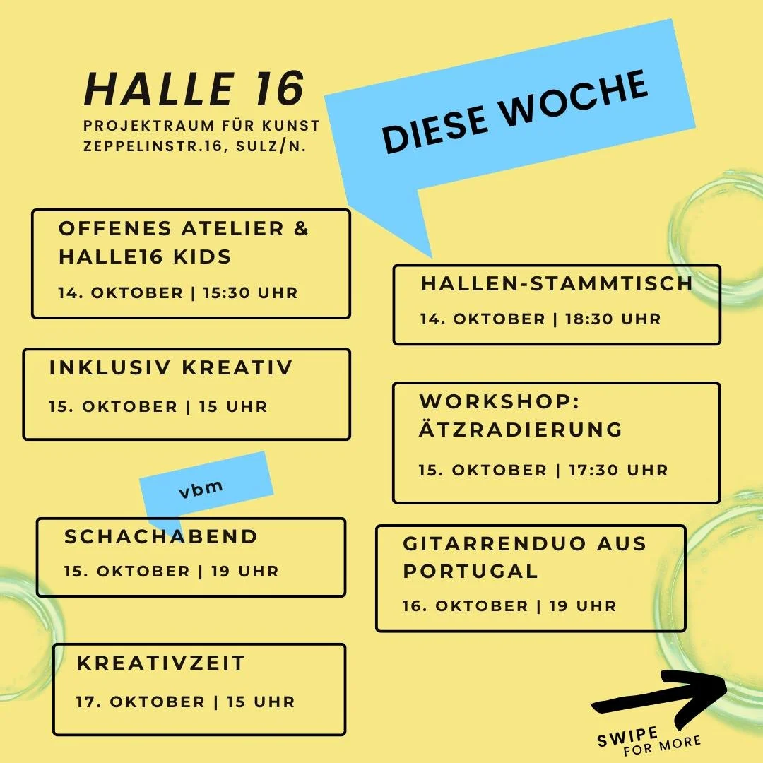 Drei völlig unterschiedliche Musikveranstaltungen in einer Woche? Das erwartet euch diese Woche in der Halle 16! 🤩
Dienstag, 14. Oktober, 15:30-17:30 Uhr
Offenes Atelier & Halle-16-Kids 🎨
An diesem Termin sind alle ab 6 Jahren willkommen,