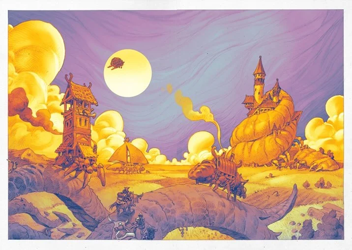 eine Fantasiewelt mit Insekten und Burgen. Alles ist in Bewegung