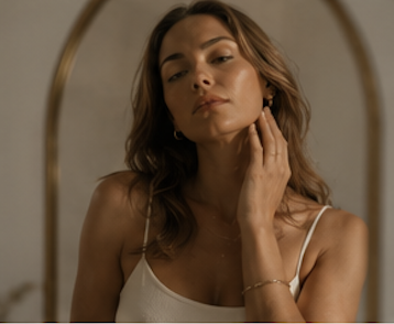 A young woman with wavy brown hair looking at herself in a mirror, touching her neck gently.